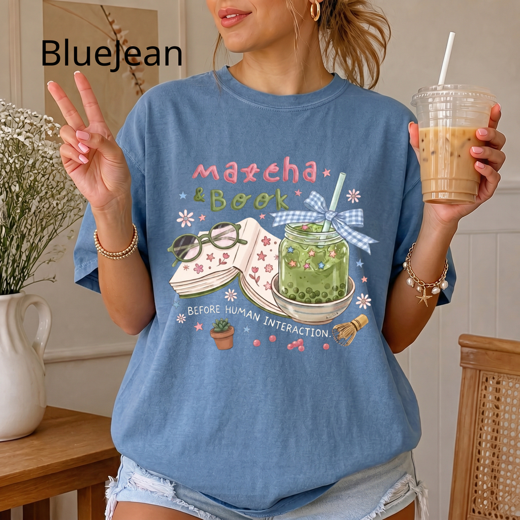 Bookworm Tee, Comfort Colors Reading Shirt, Cute Matcha Cup Shirt, Cozy Book Lover Gift