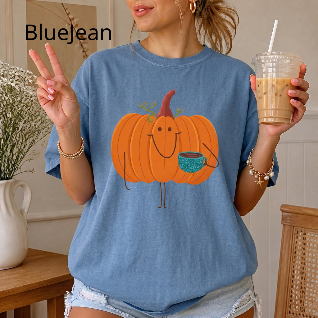 Cute Pumpkin Drinking Coffee T-Shirt, Funny Fall Season Tee, Happy Halloween T‑Shirt
