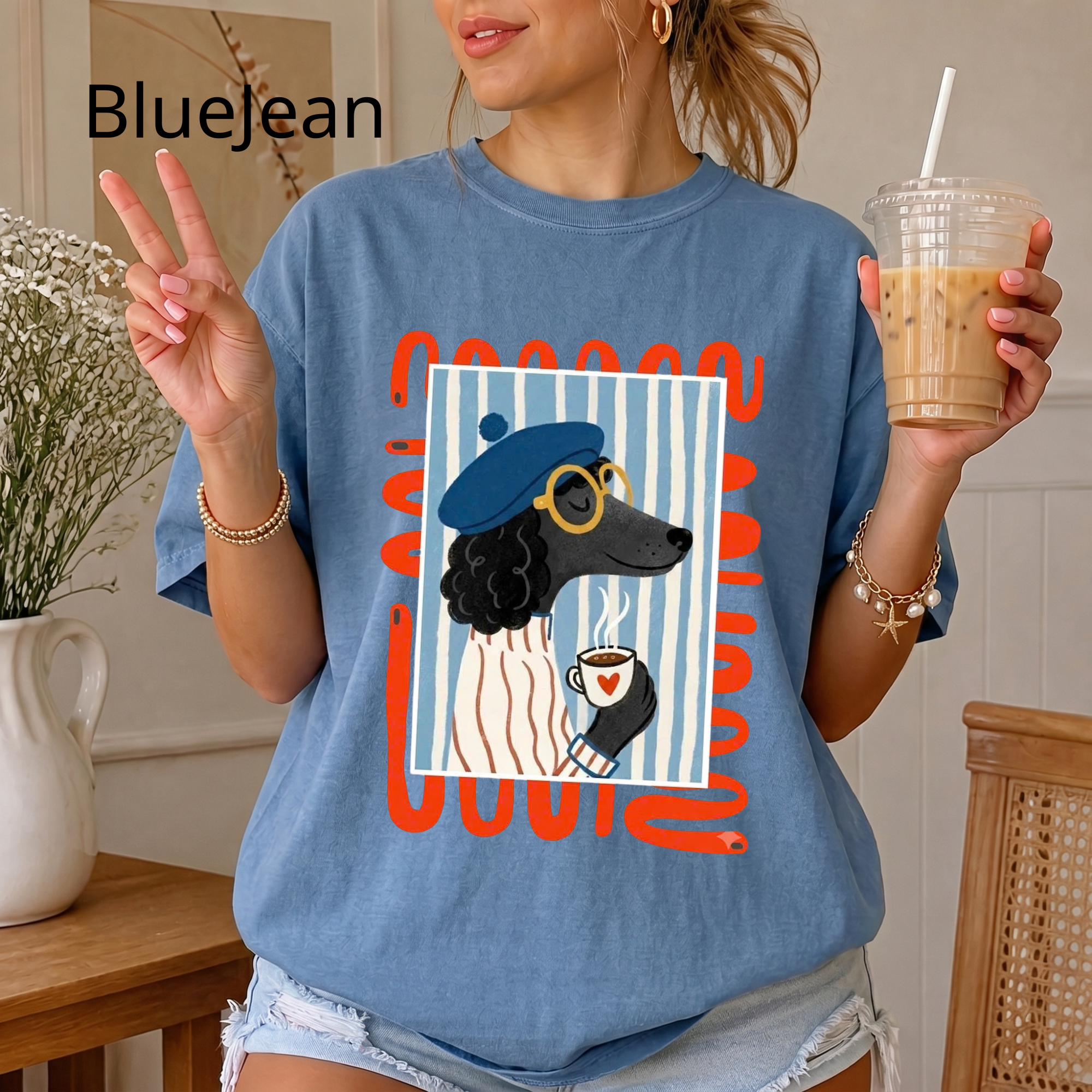 French Poodle Drinking Coffee T-Shirt, Artsy Dog Graphic Tee, Cute French Beret Animal Shirt, Casual Cotton Tee