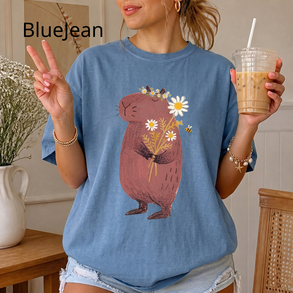 Comfort Color Cute Capybara with Daisy Bouquet Graphic T-Shirt - Unisex Cotton Tee