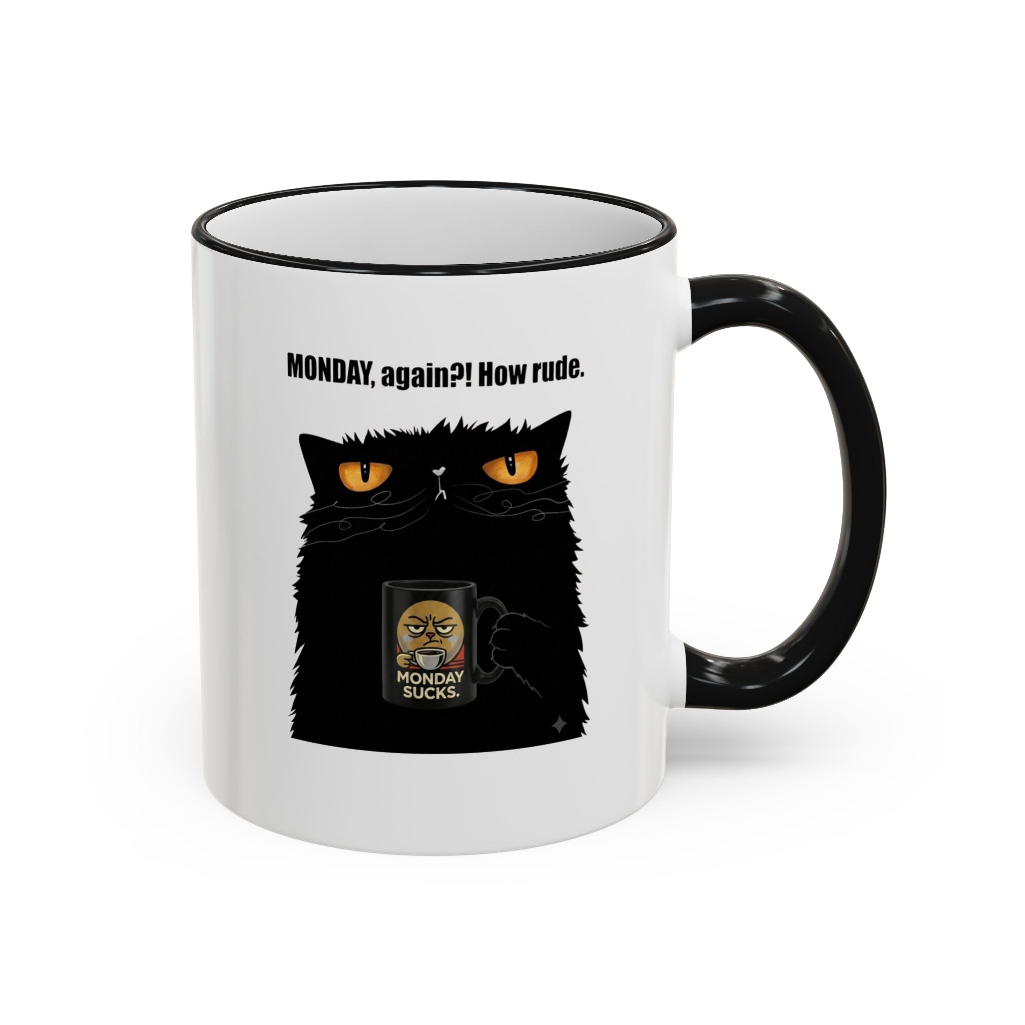Grumpy Black Cat "Monday, Again?!" Mug, Cat Quote Coffee Cup, Sarcastic Morning Mug, Funny Cat Lover Present