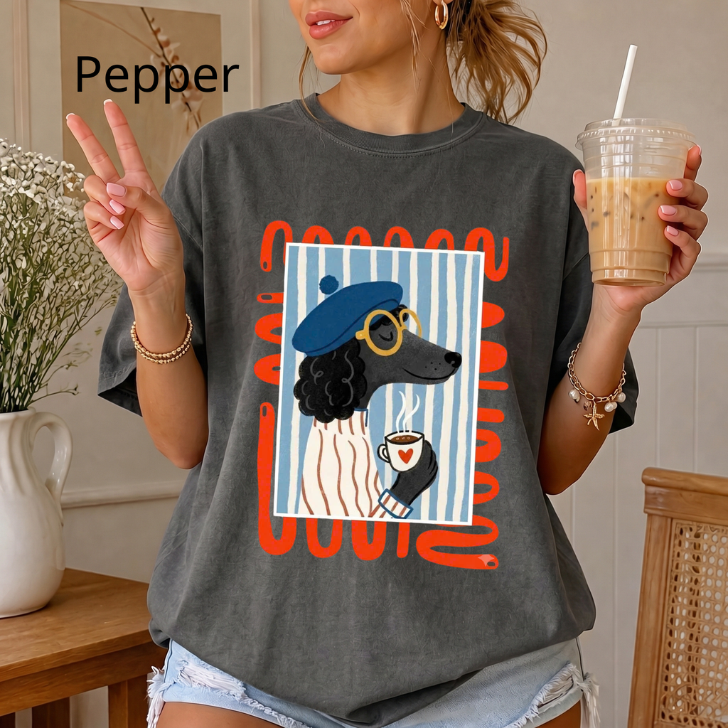 French Poodle Drinking Coffee T-Shirt, Artsy Dog Graphic Tee, Cute French Beret Animal Shirt, Casual Cotton Tee