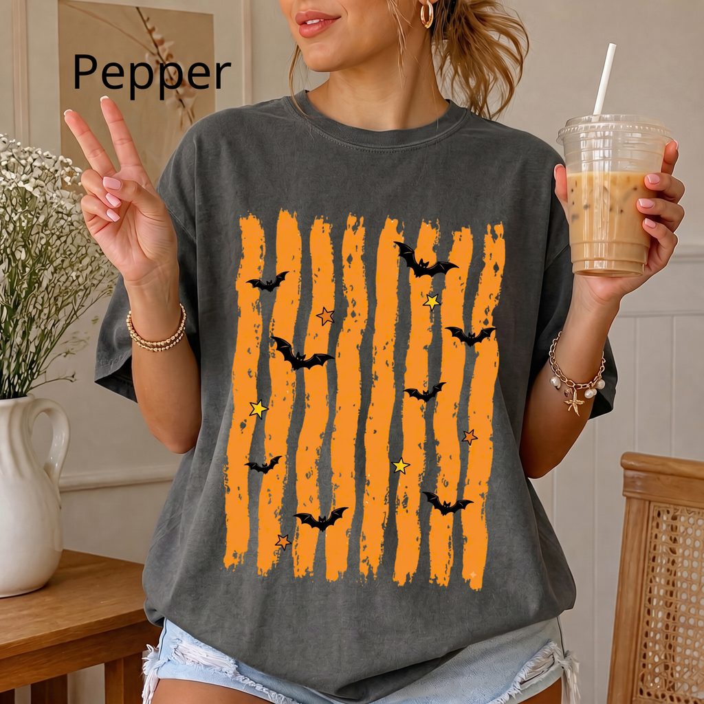 Spooky Season Halloween Shirt, Retro Orange Stripes and Bats Tee, Cute Spooky Vibe Comfort Colors Style T-Shirt