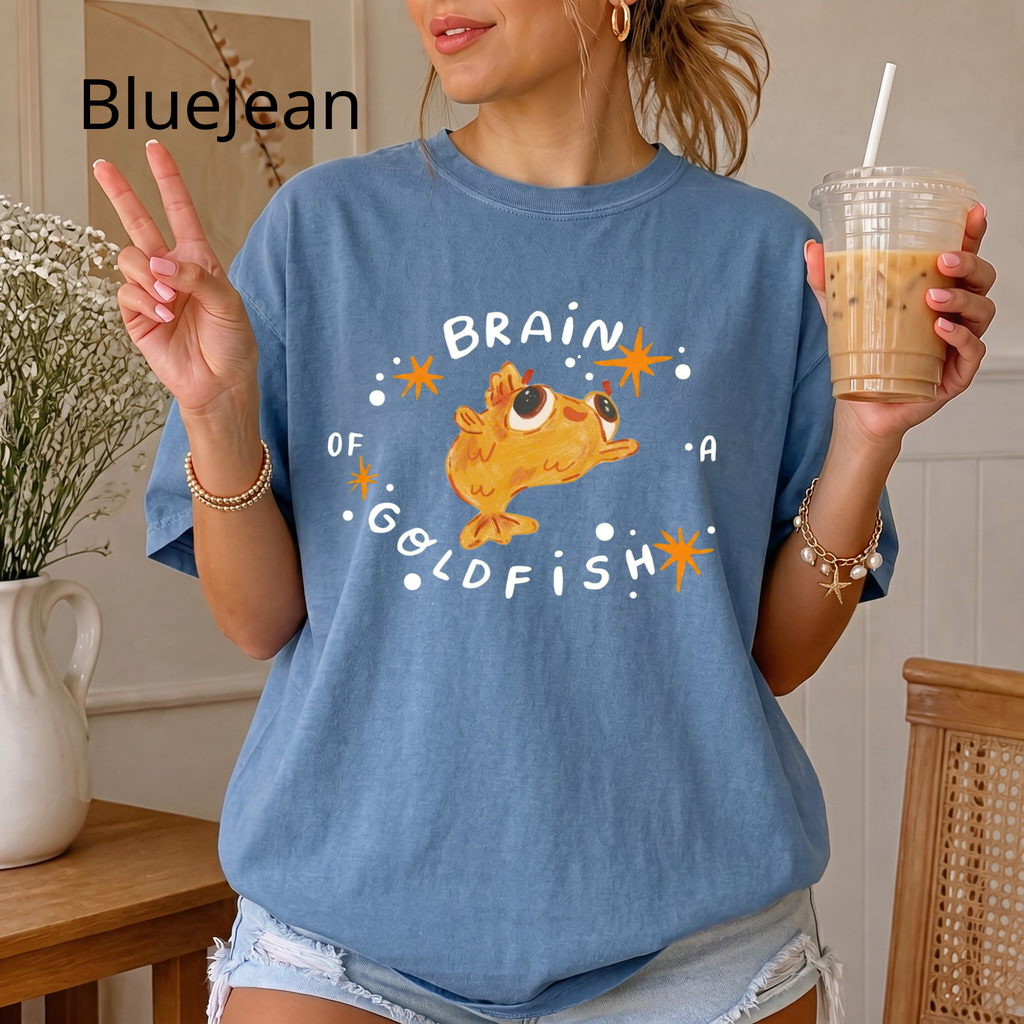 Brain of a Goldfish Cute Graphic Tee, Funny Fish T-Shirt, Aesthetic Retro Casual Cotton Shirt