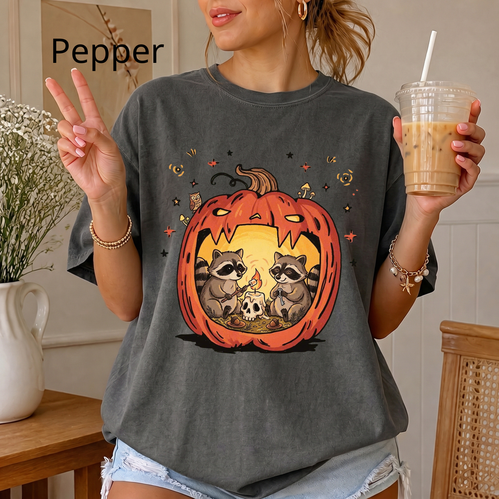 Raccoon Pumpkin Halloween Shirt, Spooky Season Comfort Colors T-Shirt, Cute Autumn Animal Graphic Tee