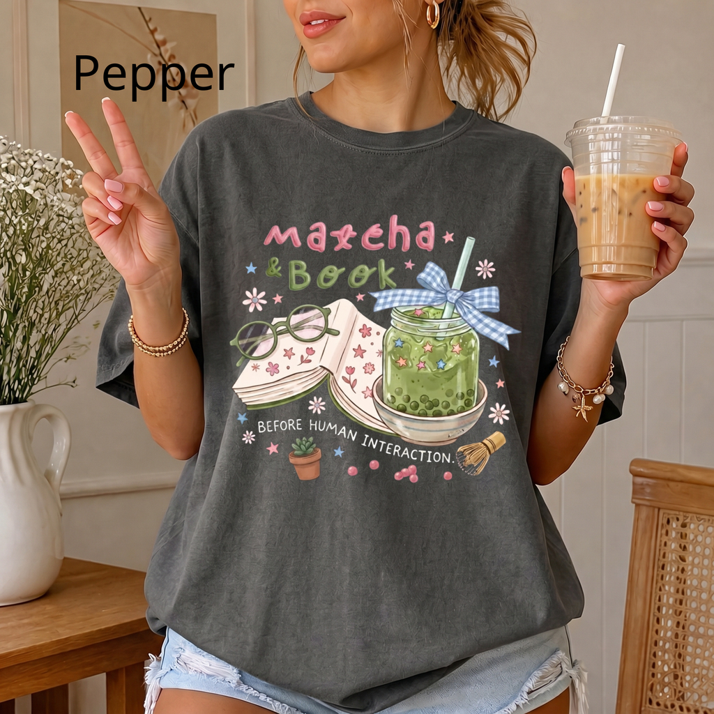 Bookworm Tee, Comfort Colors Reading Shirt, Cute Matcha Cup Shirt, Cozy Book Lover Gift