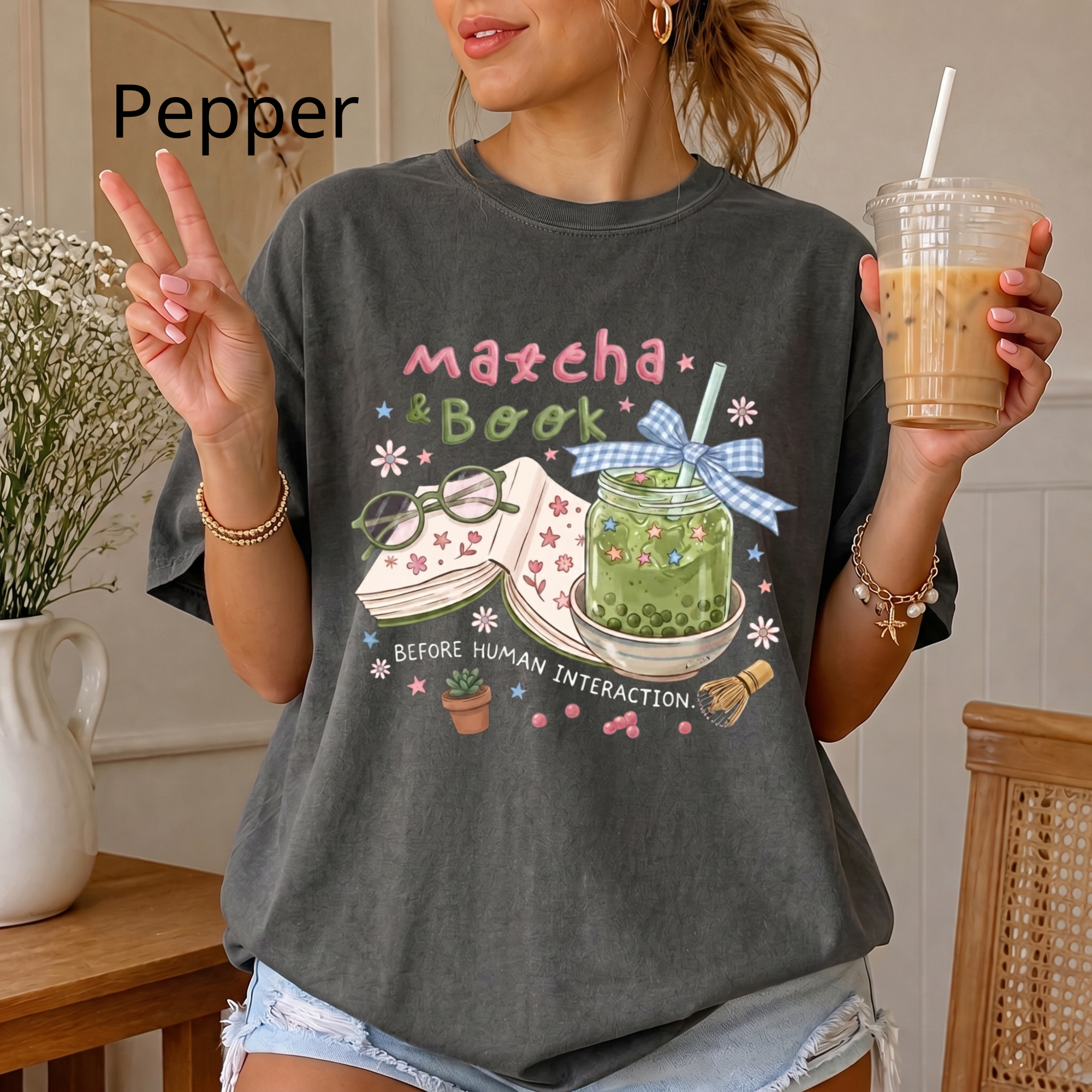 Bookworm Tee, Comfort Colors Reading Shirt, Cute Matcha Cup Shirt, Cozy Book Lover Gift