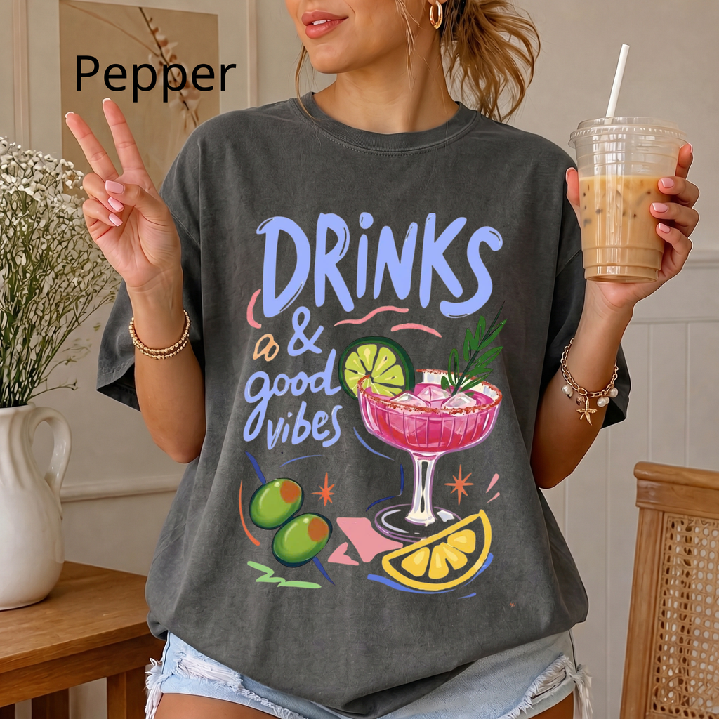 Drinks & Good Vibes Graphic T-Shirt, Cute Cocktail Lover Tee, Retro Summer Party Shirt, Casual Cotton Apparel