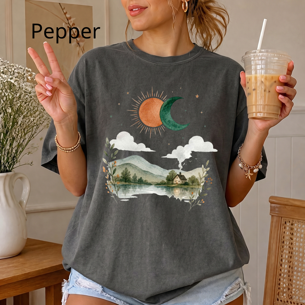 Vintage Nature Aesthetic T-Shirt, Sun and Moon Graphic Tee, Boho Landscape Shirt, Cute Indie Clothing