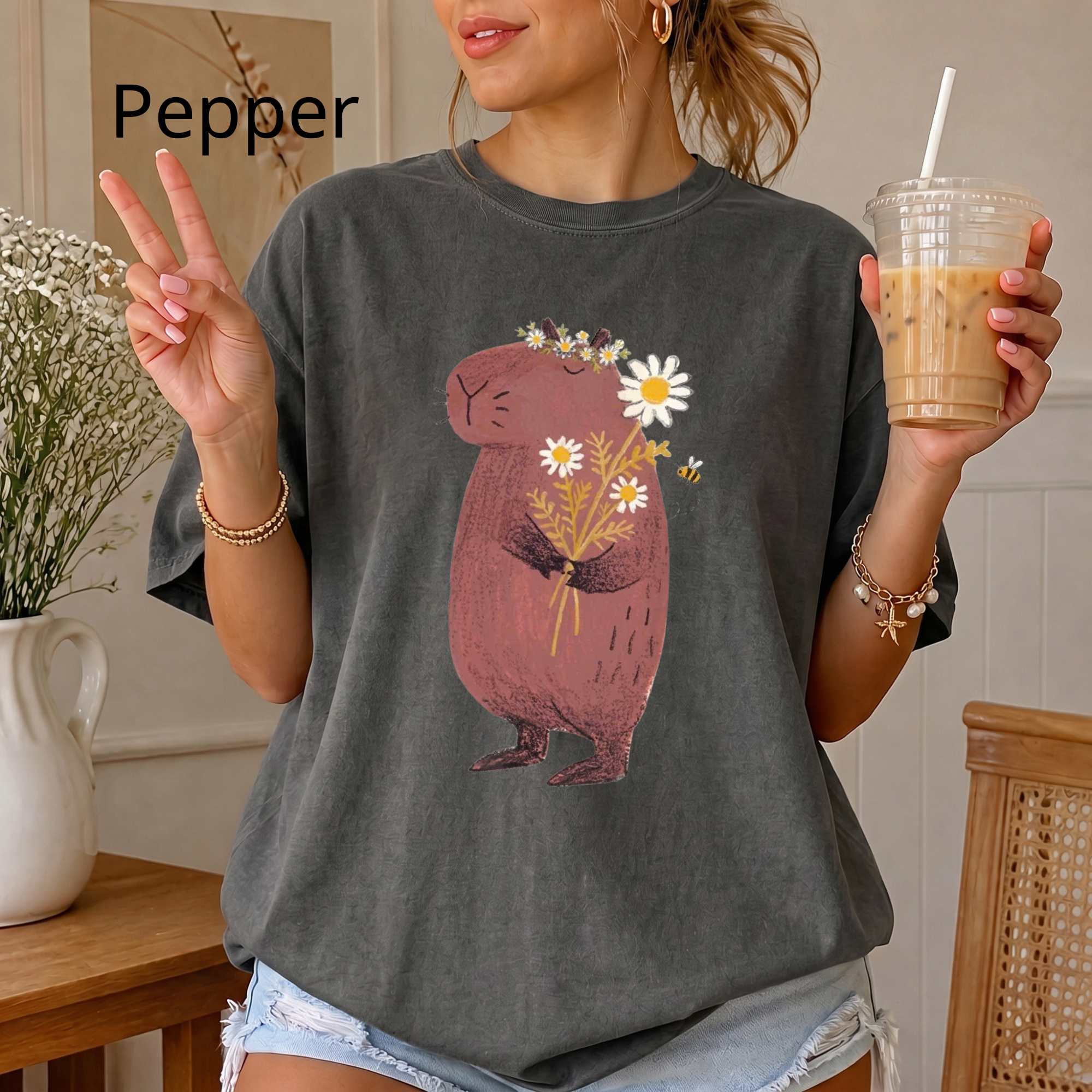 Comfort Color Cute Capybara with Daisy Bouquet Graphic T-Shirt - Unisex Cotton Tee