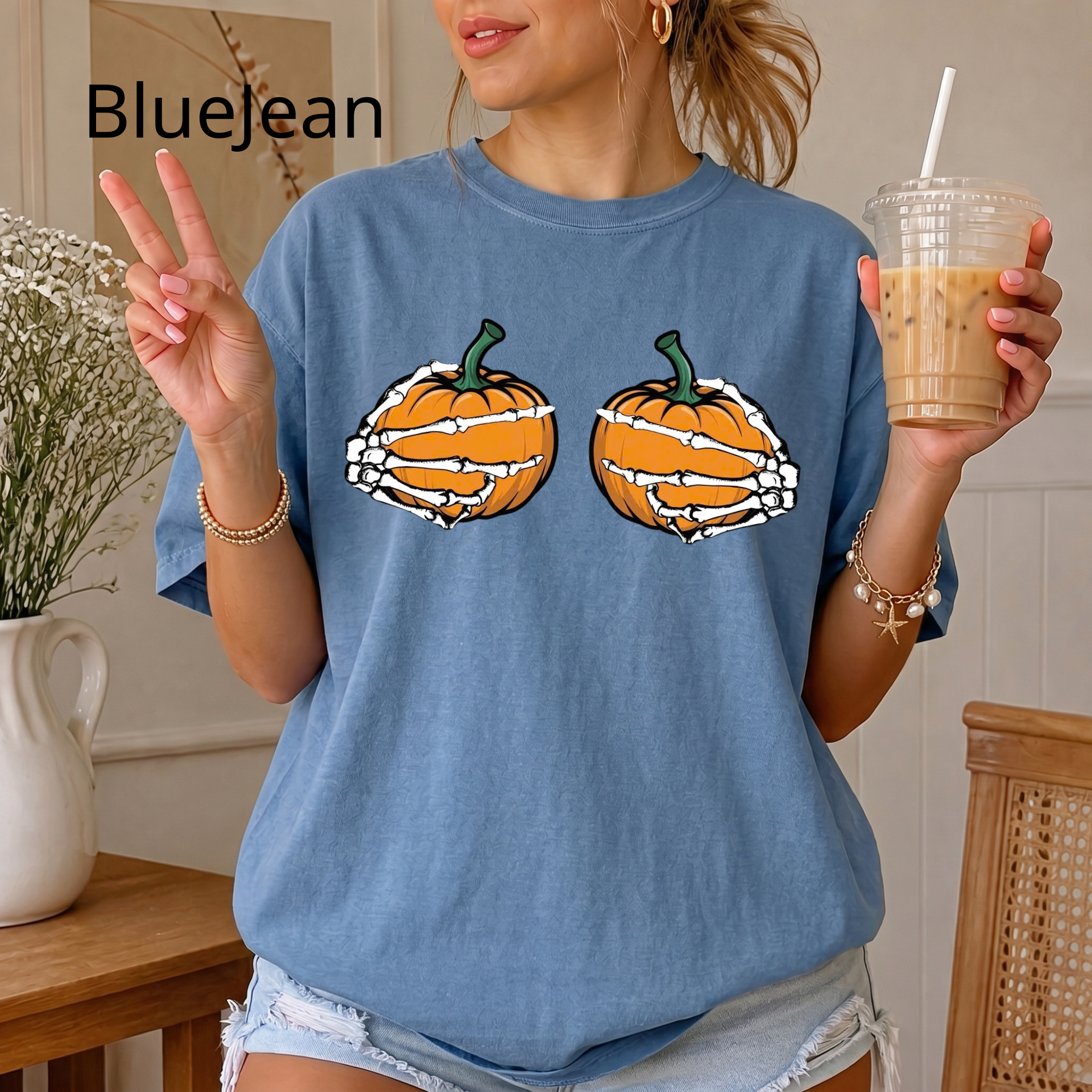Spooky Season Pumpkin T-Shirt, Skeleton Hands Holding Pumpkins Graphic Tee, Cute Halloween Comfort Colors Shirt