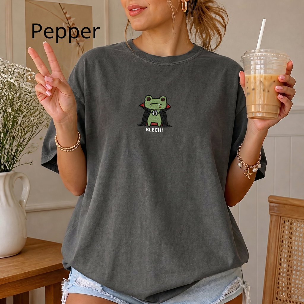 Vampire Frog Embroidered T-Shirt, Blech Cute Frog Tee, Spooky Season Aesthetic Shirt, Funny Gothic Animal Embroidery Gift