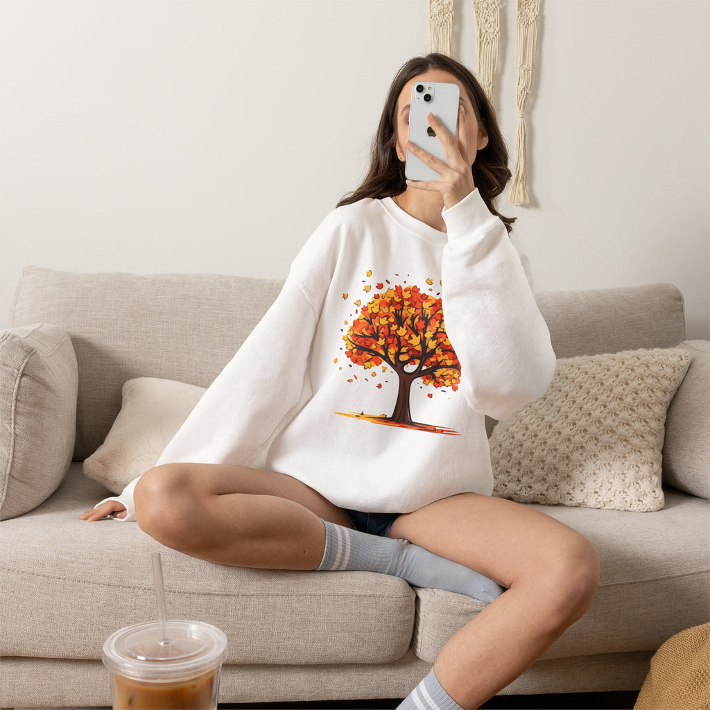 Autumn Leaves Tree Sweatshirt — Cozy Fall Crewneck Pullover, Seasonal Nature Lover Shirt