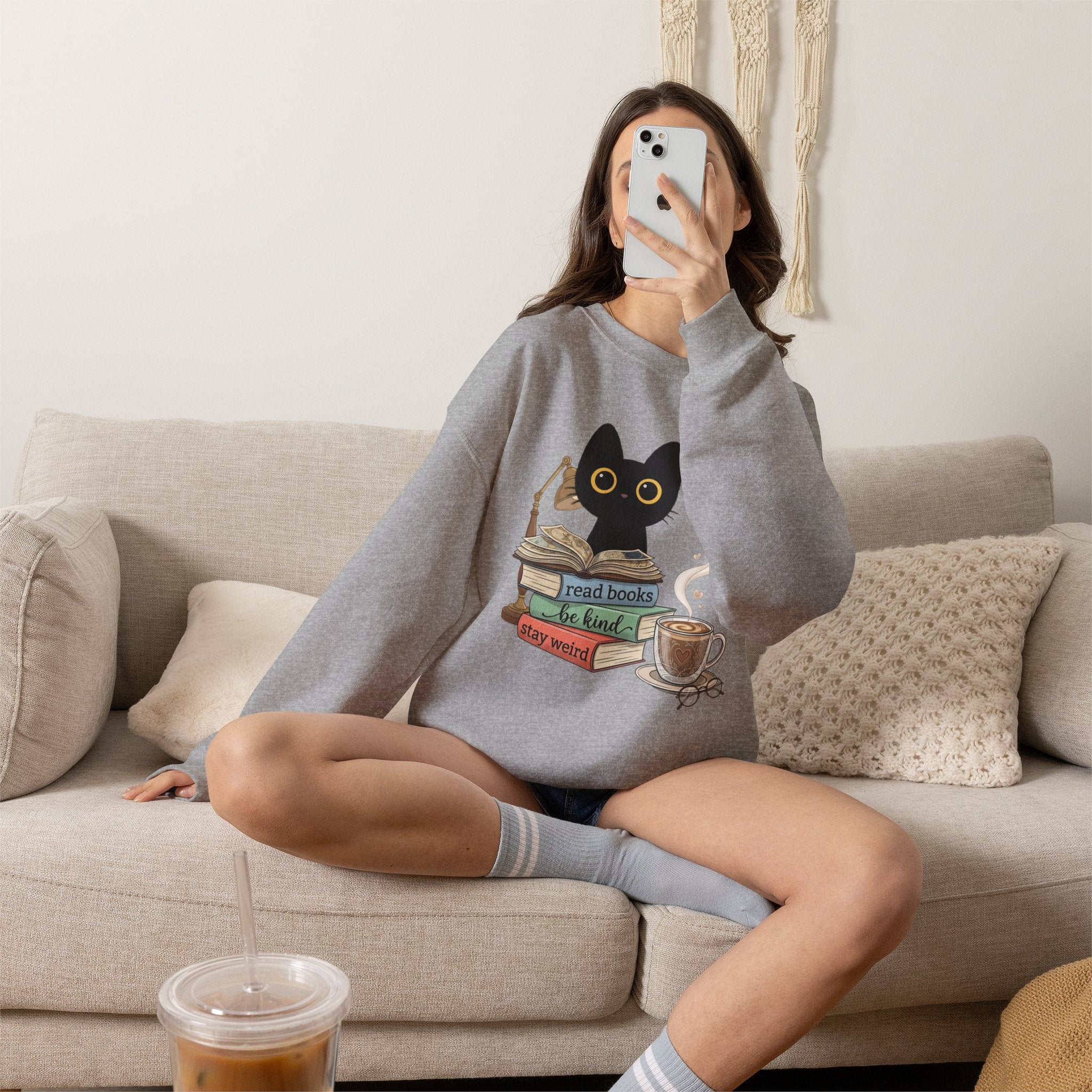 Cat & Books Crewneck — "Read Books, Be Kind, Stay Weird" Cozy Booklover Sweatshirt