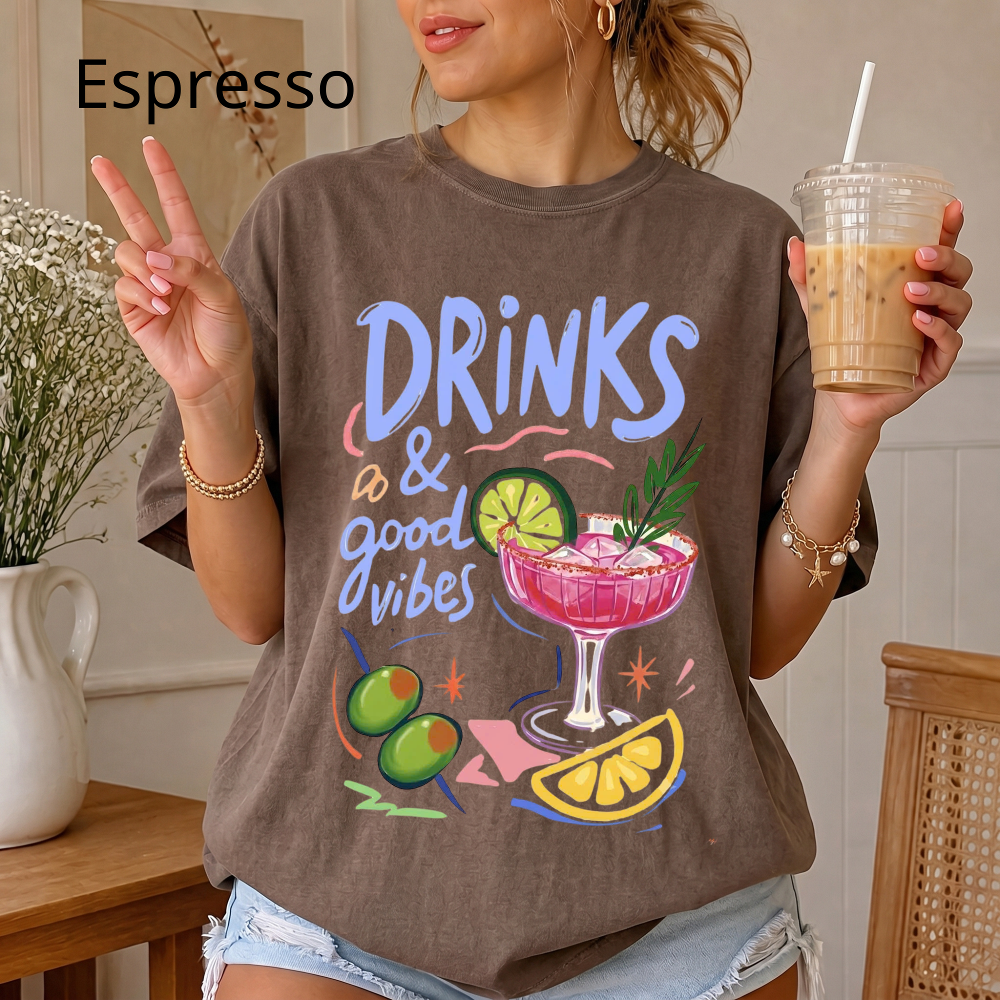 Drinks & Good Vibes Graphic T-Shirt, Cute Cocktail Lover Tee, Retro Summer Party Shirt, Casual Cotton Apparel