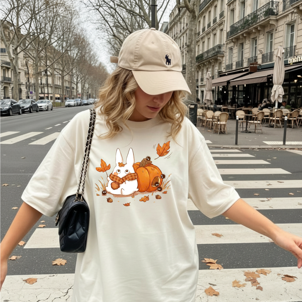 Studio Ghibli Autumn T-Shirt, Cute White Rabbit and Soot Sprites Tee, Spooky Season Pumpkin Shirt, Comfort Colors® Fall Apparel