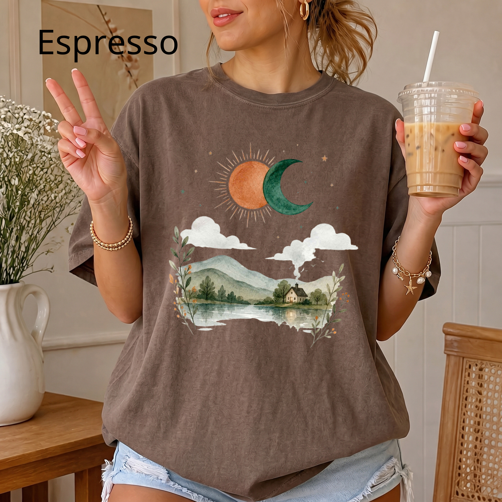 Vintage Nature Aesthetic T-Shirt, Sun and Moon Graphic Tee, Boho Landscape Shirt, Cute Indie Clothing