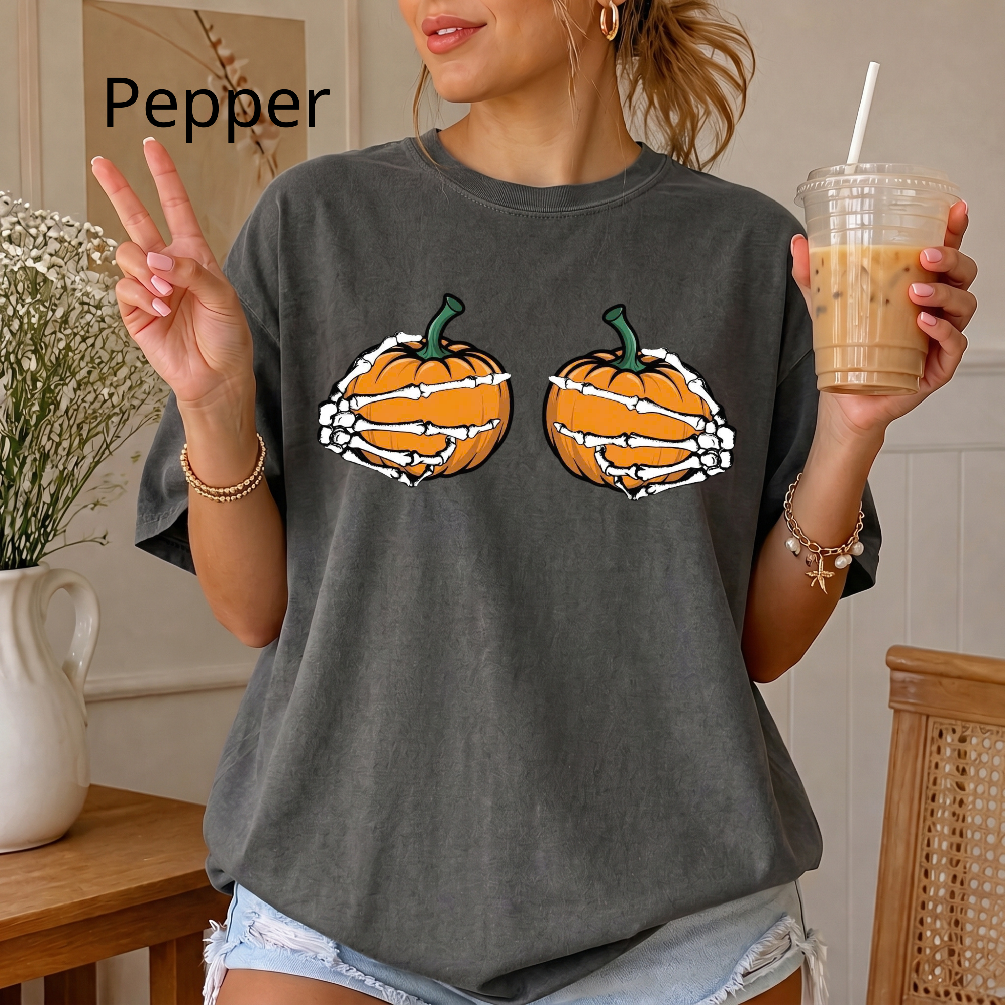 Spooky Season Pumpkin T-Shirt, Skeleton Hands Holding Pumpkins Graphic Tee, Cute Halloween Comfort Colors Shirt