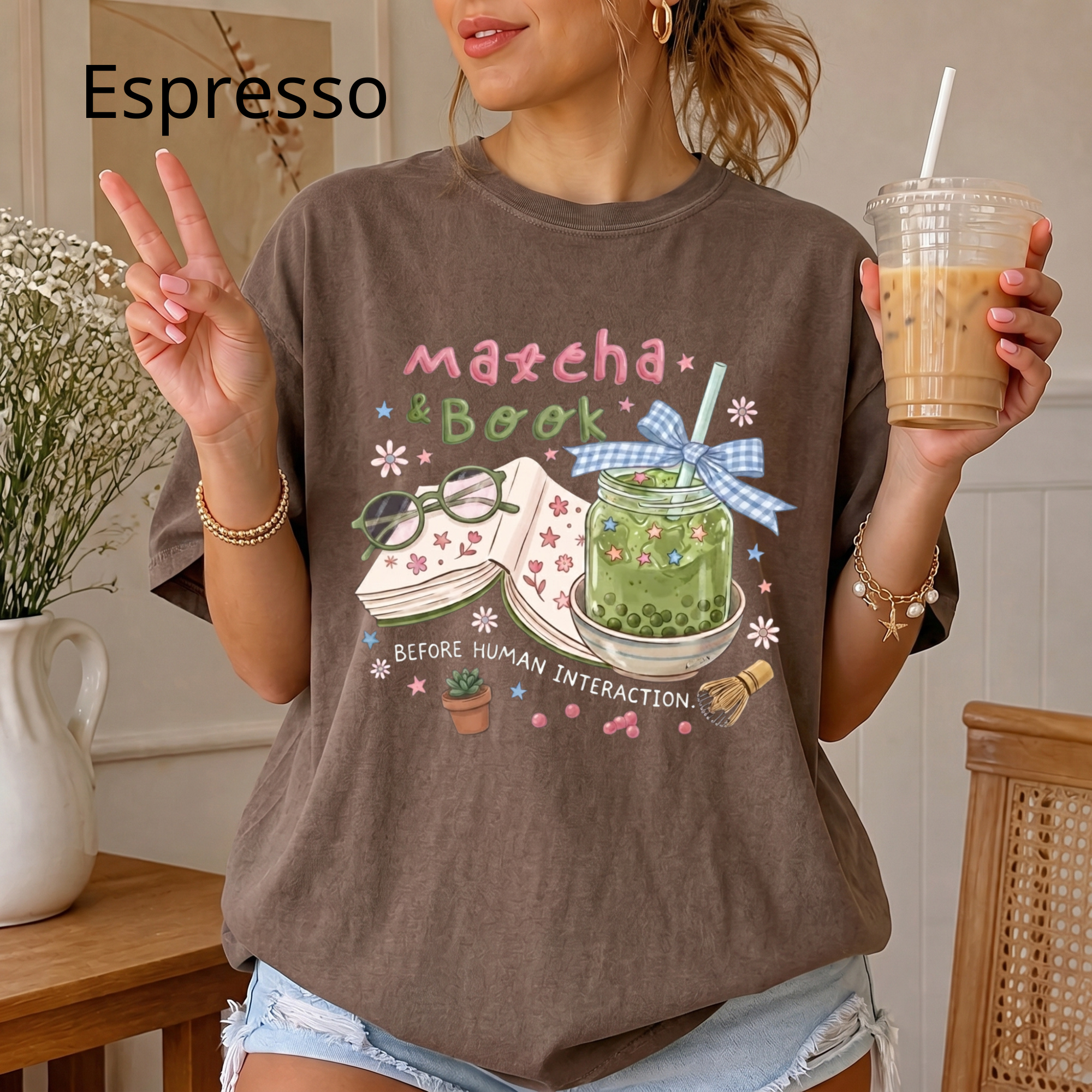 Bookworm Tee, Comfort Colors Reading Shirt, Cute Matcha Cup Shirt, Cozy Book Lover Gift