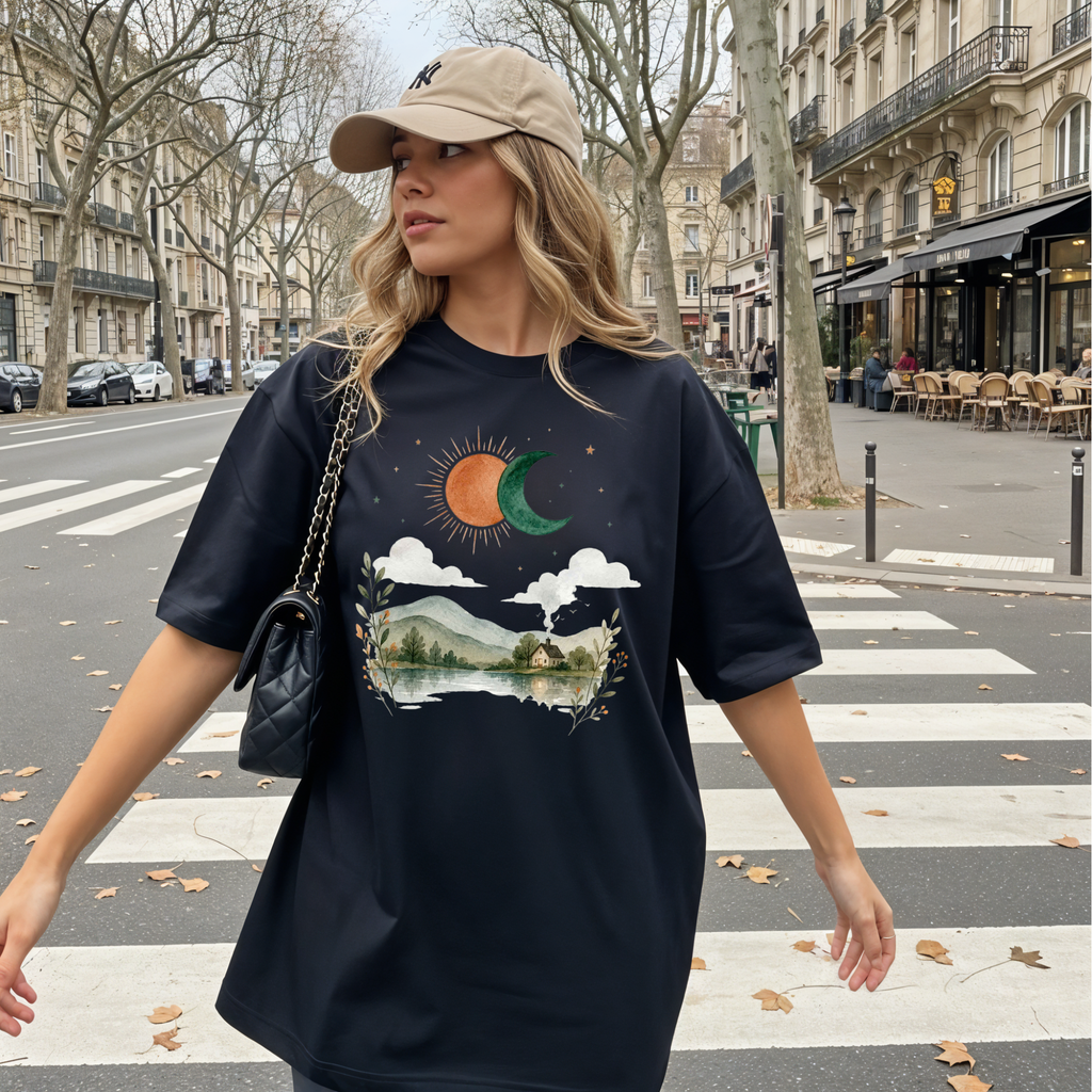 Vintage Nature Aesthetic T-Shirt, Sun and Moon Graphic Tee, Boho Landscape Shirt, Cute Indie Clothing