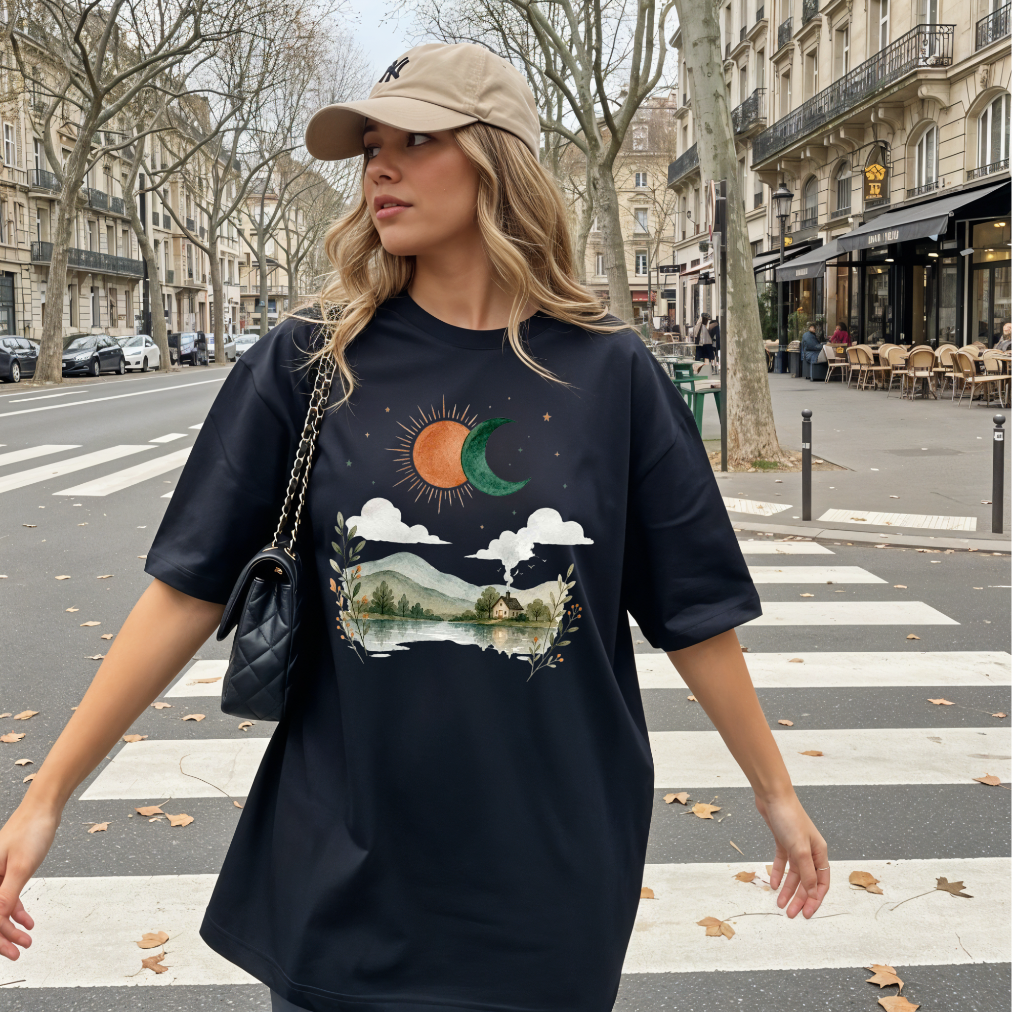 Vintage Nature Aesthetic T-Shirt, Sun and Moon Graphic Tee, Boho Landscape Shirt, Cute Indie Clothing