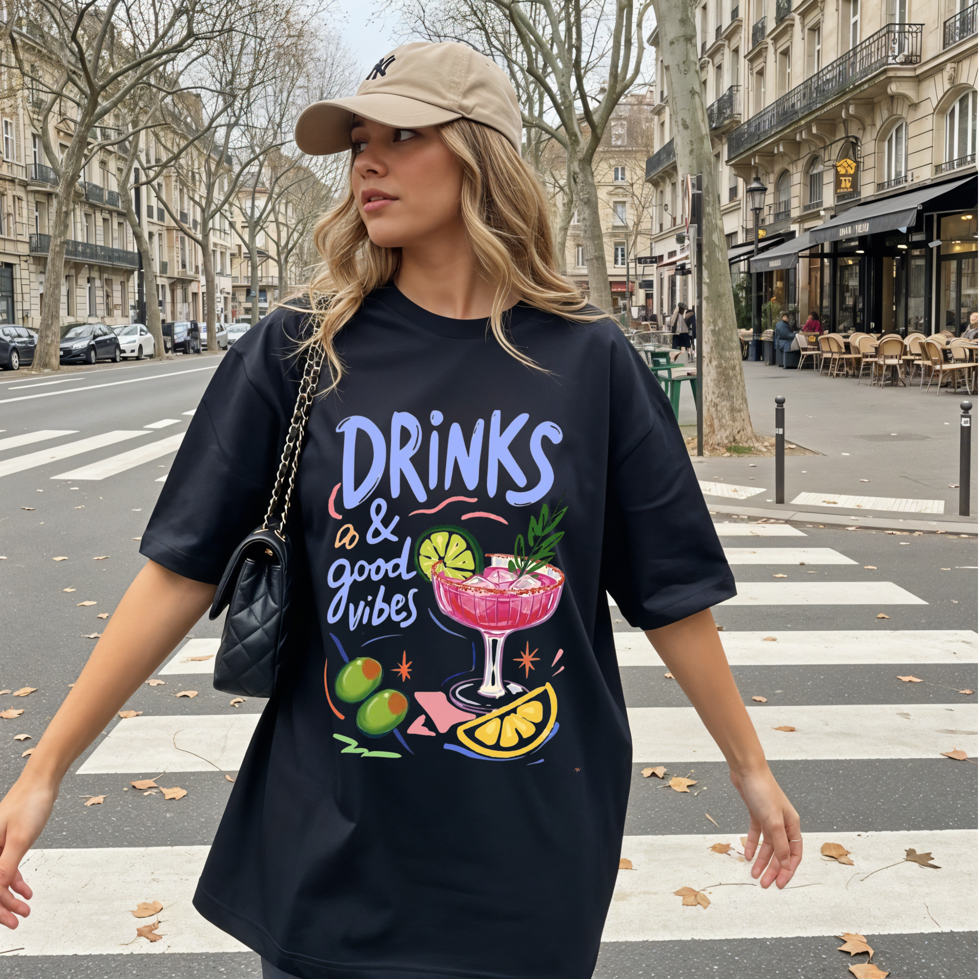 Drinks & Good Vibes Graphic T-Shirt, Cute Cocktail Lover Tee, Retro Summer Party Shirt, Casual Cotton Apparel