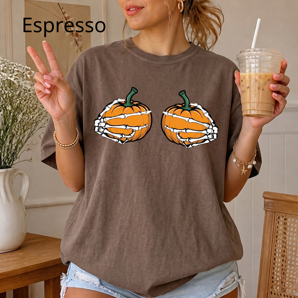 Spooky Season Pumpkin T-Shirt, Skeleton Hands Holding Pumpkins Graphic Tee, Cute Halloween Comfort Colors Shirt
