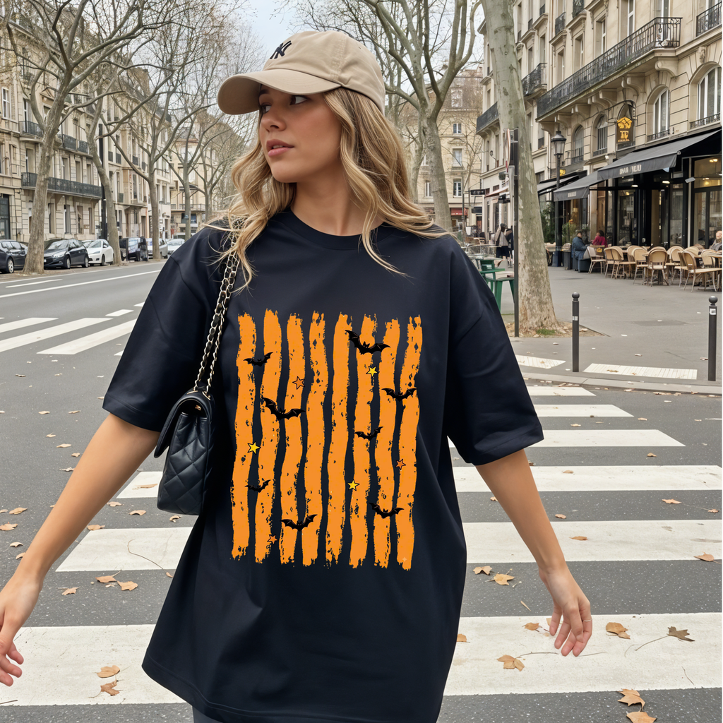 Spooky Season Halloween Shirt, Retro Orange Stripes and Bats Tee, Cute Spooky Vibe Comfort Colors Style T-Shirt