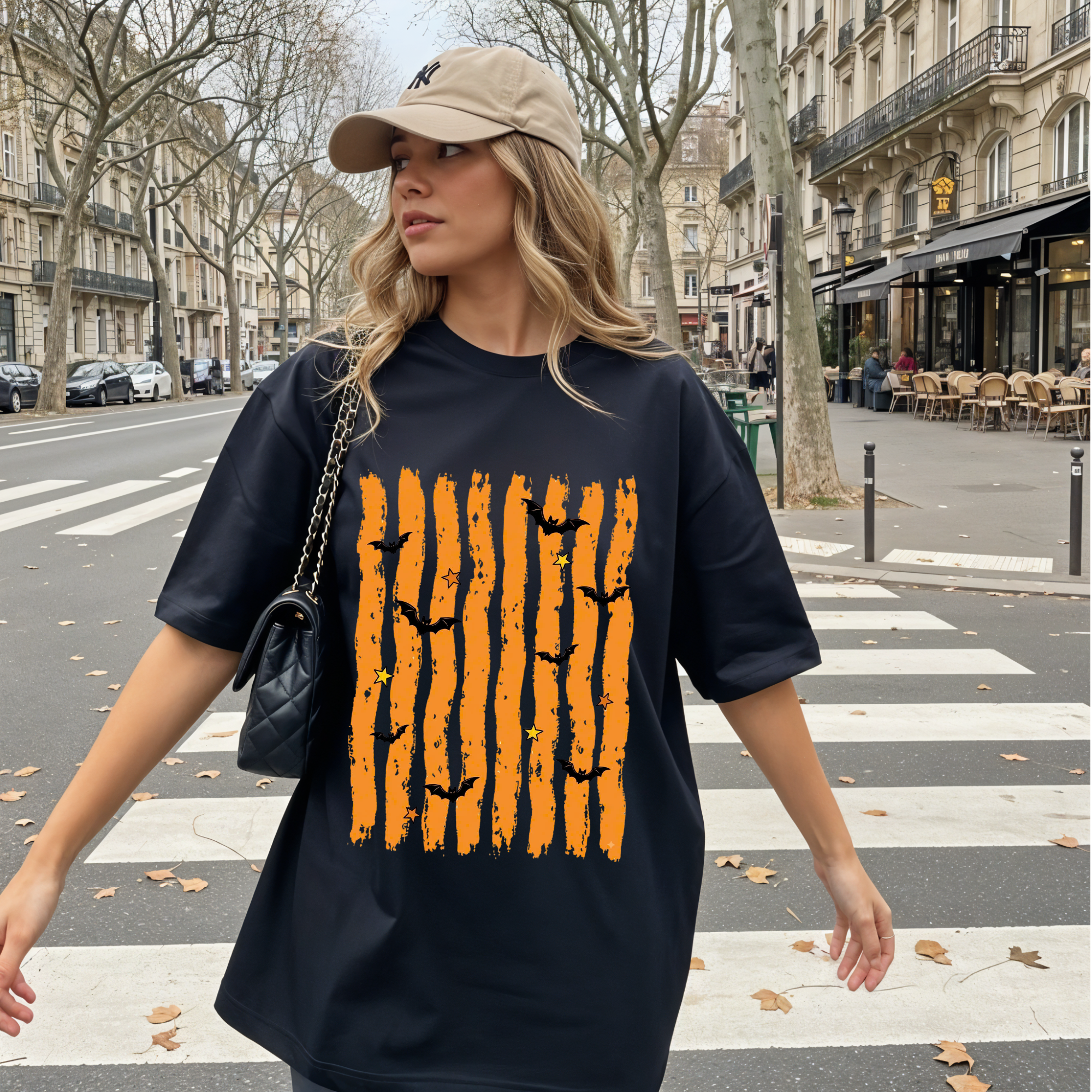 Spooky Season Halloween Shirt, Retro Orange Stripes and Bats Tee, Cute Spooky Vibe Comfort Colors Style T-Shirt