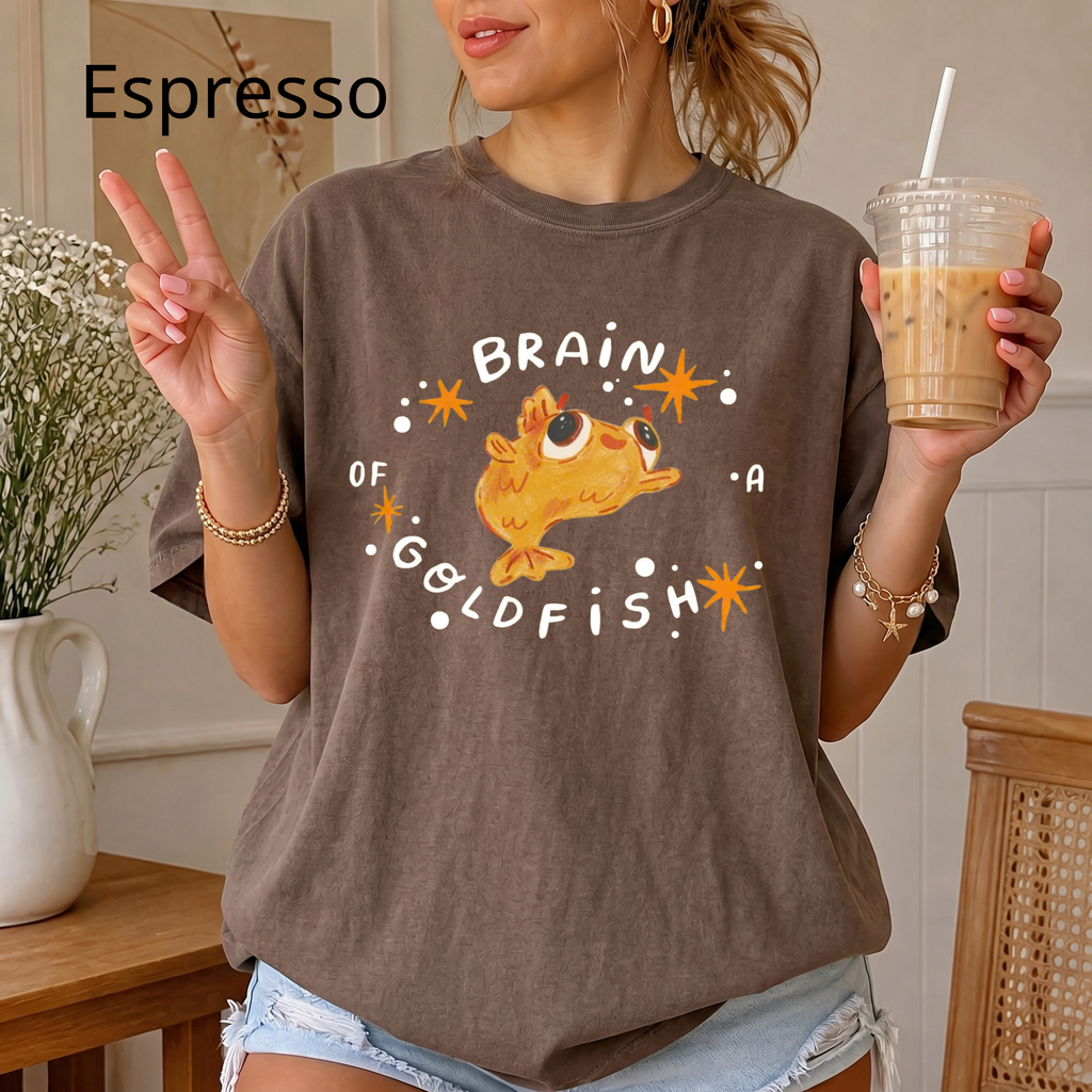 Brain of a Goldfish Cute Graphic Tee, Funny Fish T-Shirt, Aesthetic Retro Casual Cotton Shirt