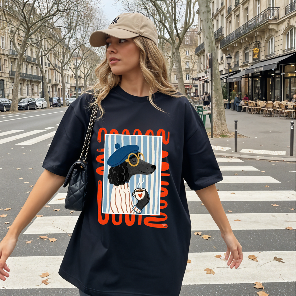 French Poodle Drinking Coffee T-Shirt, Artsy Dog Graphic Tee, Cute French Beret Animal Shirt, Casual Cotton Tee