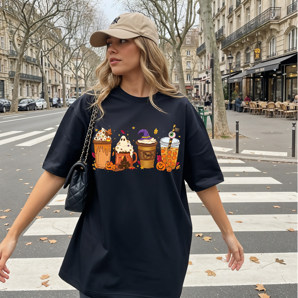 Fall Vibes Halloween Drinks Graphic Tee, Iced Coffee Ghost Shirt, Cozy Autumn Season Shirt, Funny Coffee Lover Gift