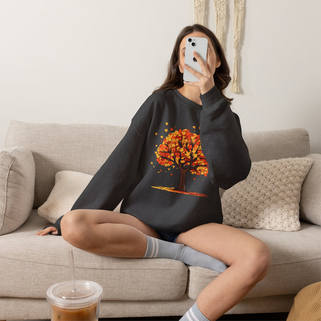 Autumn Leaves Tree Sweatshirt — Cozy Fall Crewneck Pullover, Seasonal Nature Lover Shirt