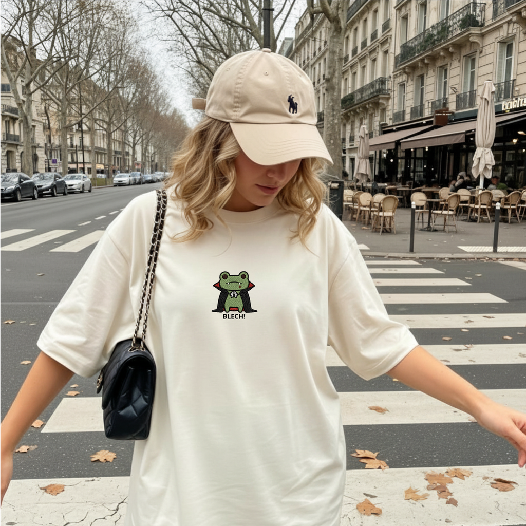 Vampire Frog Embroidered T-Shirt, Blech Cute Frog Tee, Spooky Season Aesthetic Shirt, Funny Gothic Animal Embroidery Gift