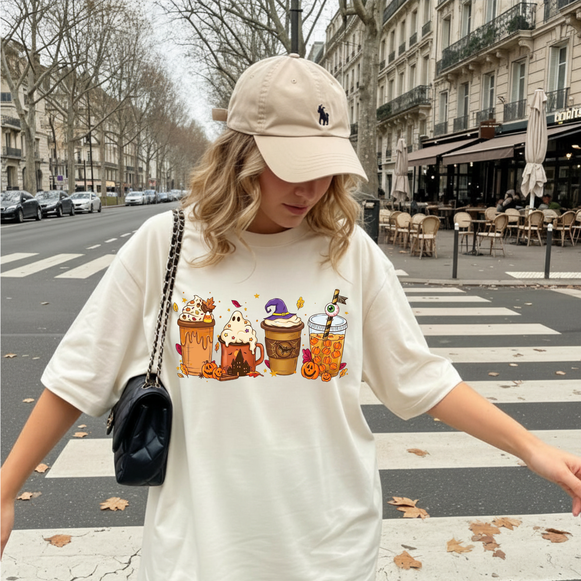 Fall Vibes Halloween Drinks Graphic Tee, Iced Coffee Ghost Shirt, Cozy Autumn Season Shirt, Funny Coffee Lover Gift