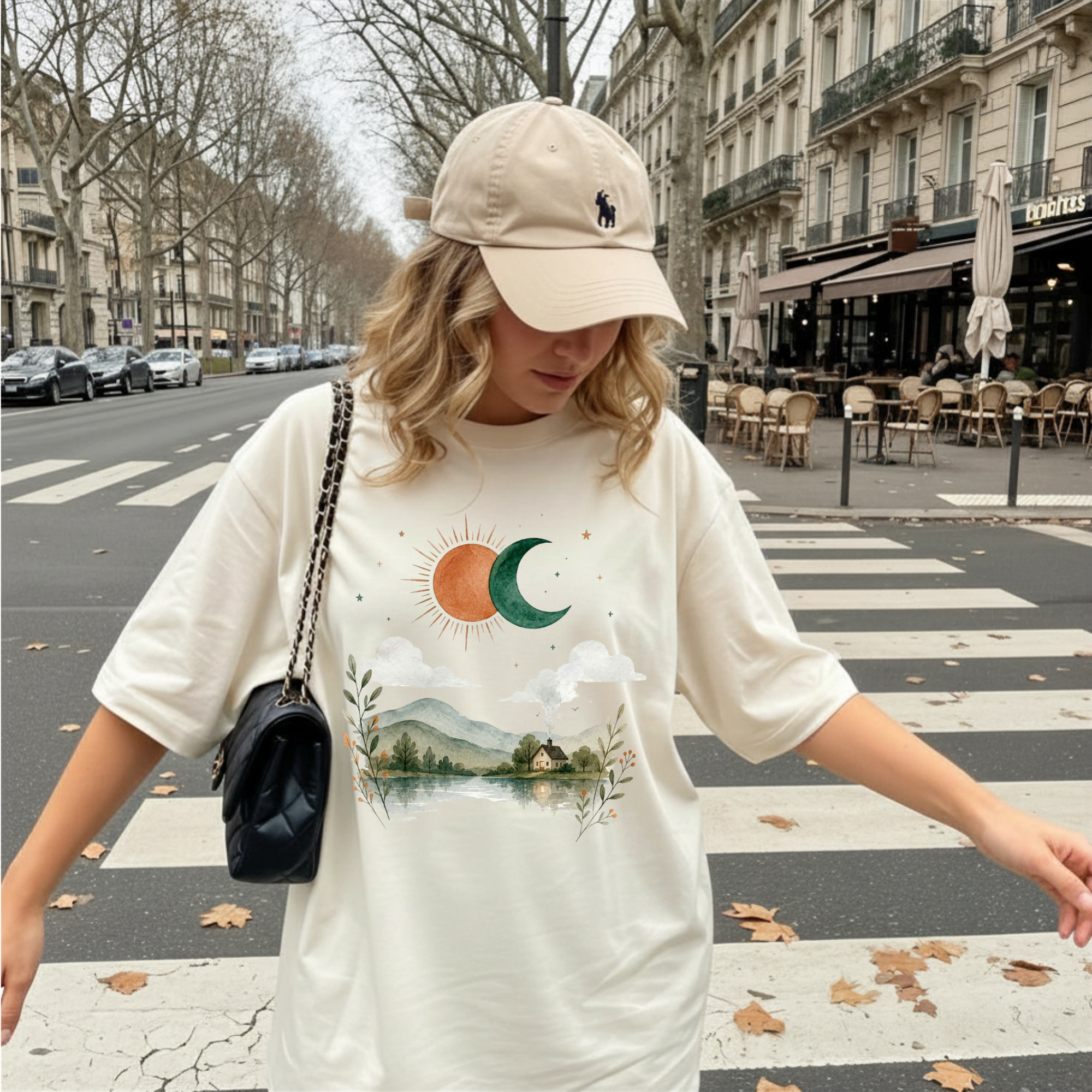 Vintage Nature Aesthetic T-Shirt, Sun and Moon Graphic Tee, Boho Landscape Shirt, Cute Indie Clothing