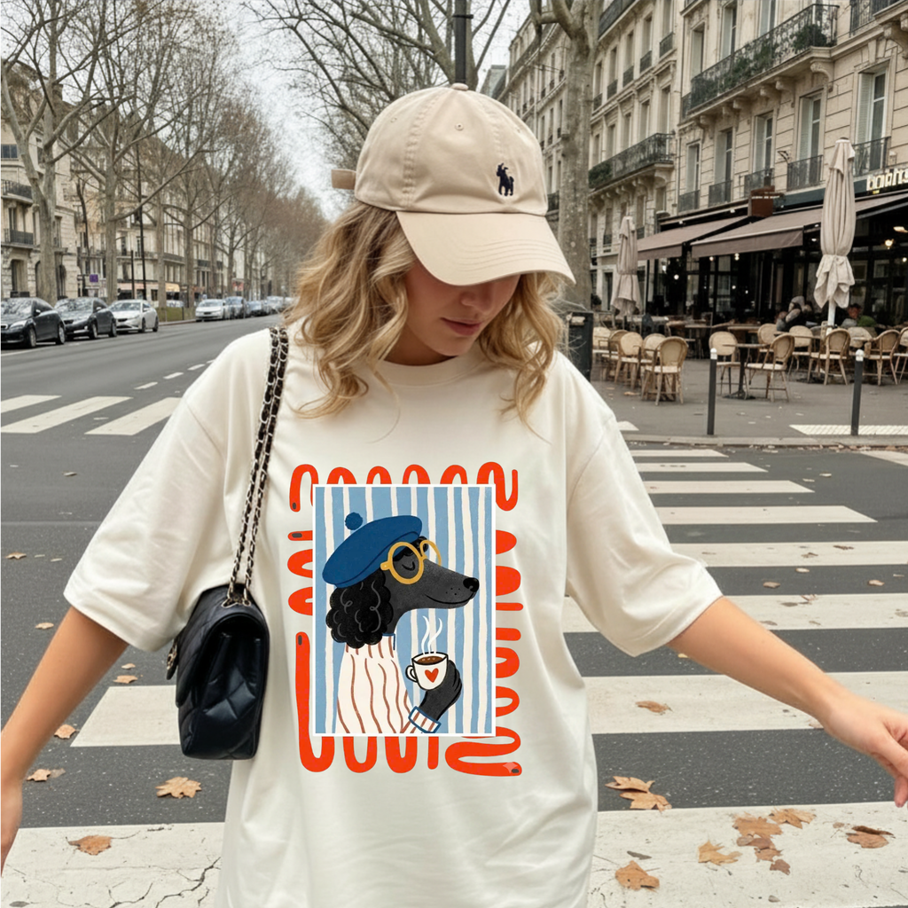 French Poodle Drinking Coffee T-Shirt, Artsy Dog Graphic Tee, Cute French Beret Animal Shirt, Casual Cotton Tee