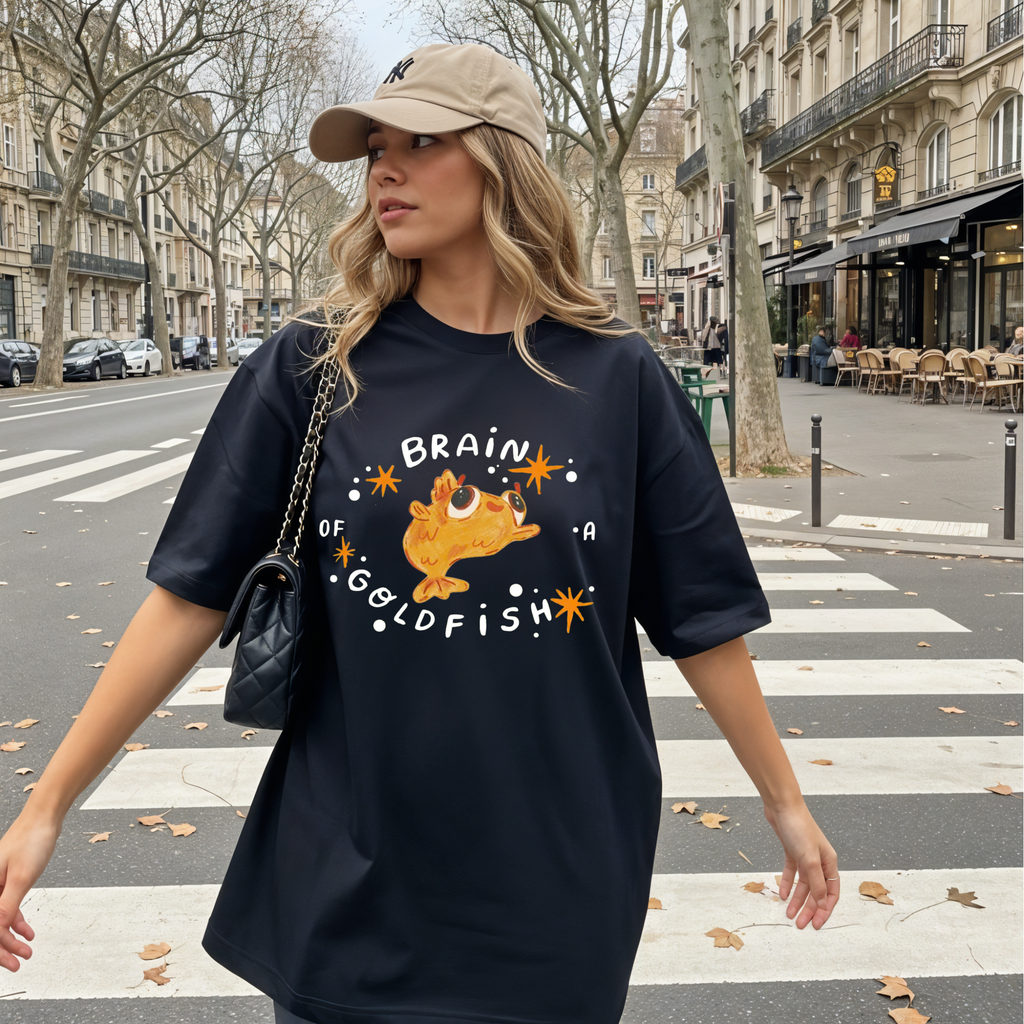 Brain of a Goldfish Cute Graphic Tee, Funny Fish T-Shirt, Aesthetic Retro Casual Cotton Shirt