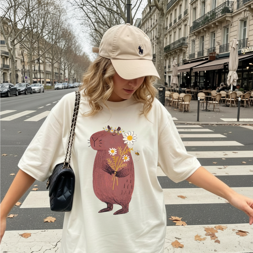 Comfort Color Cute Capybara with Daisy Bouquet Graphic T-Shirt - Unisex Cotton Tee