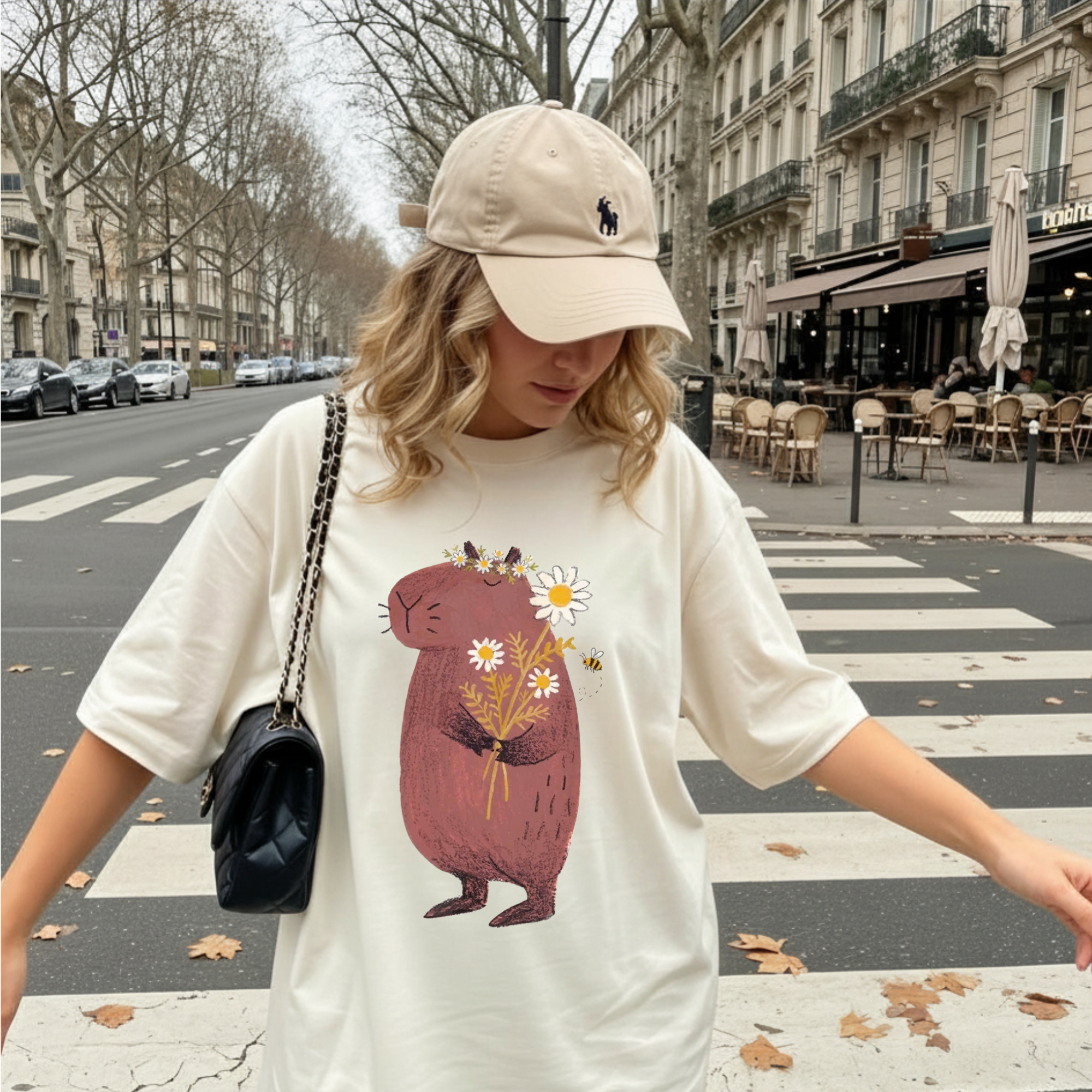 Comfort Color Cute Capybara with Daisy Bouquet Graphic T-Shirt - Unisex Cotton Tee