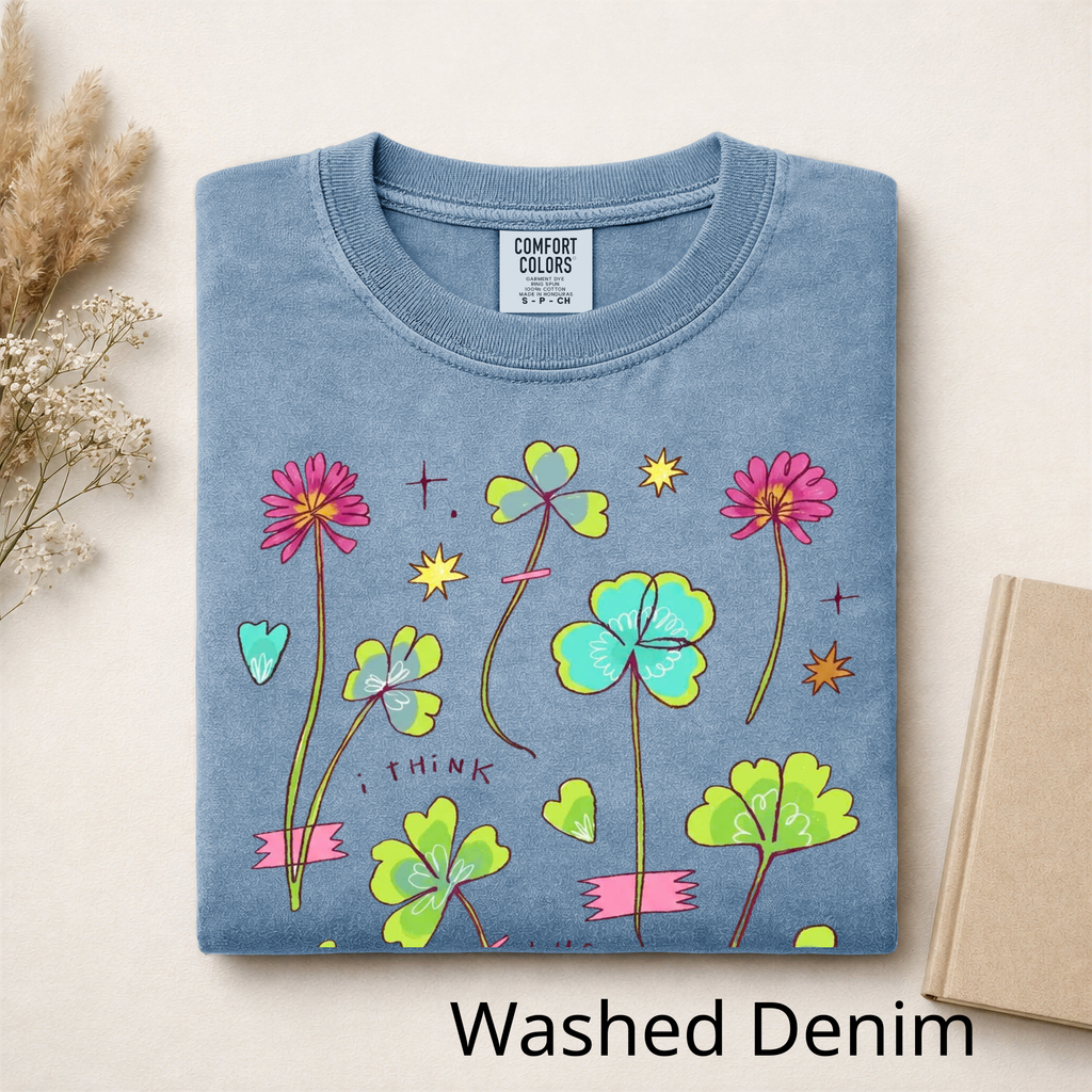 Lucky Clover Graphic Tee, Pastel Wildflower T-Shirt, Cute Aesthetic Four Leaf Clover Shirt, Retro Indie Apparel