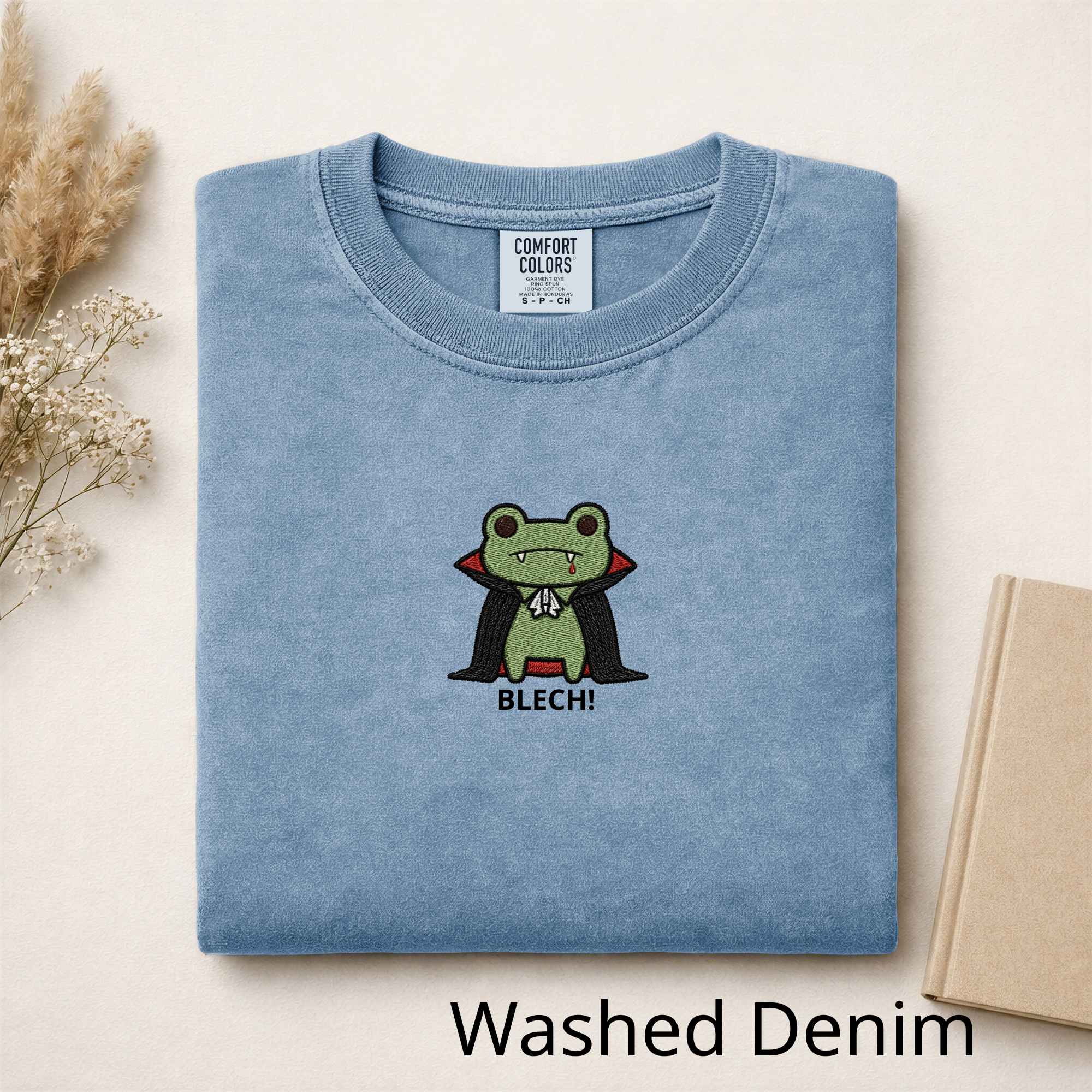 Vampire Frog Embroidered T-Shirt, Blech Cute Frog Tee, Spooky Season Aesthetic Shirt, Funny Gothic Animal Embroidery Gift