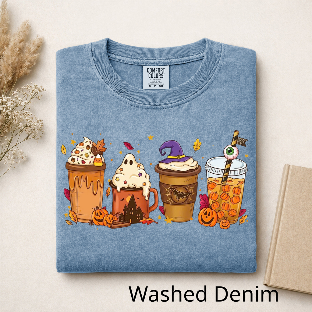 Fall Vibes Halloween Drinks Graphic Tee, Iced Coffee Ghost Shirt, Cozy Autumn Season Shirt, Funny Coffee Lover Gift