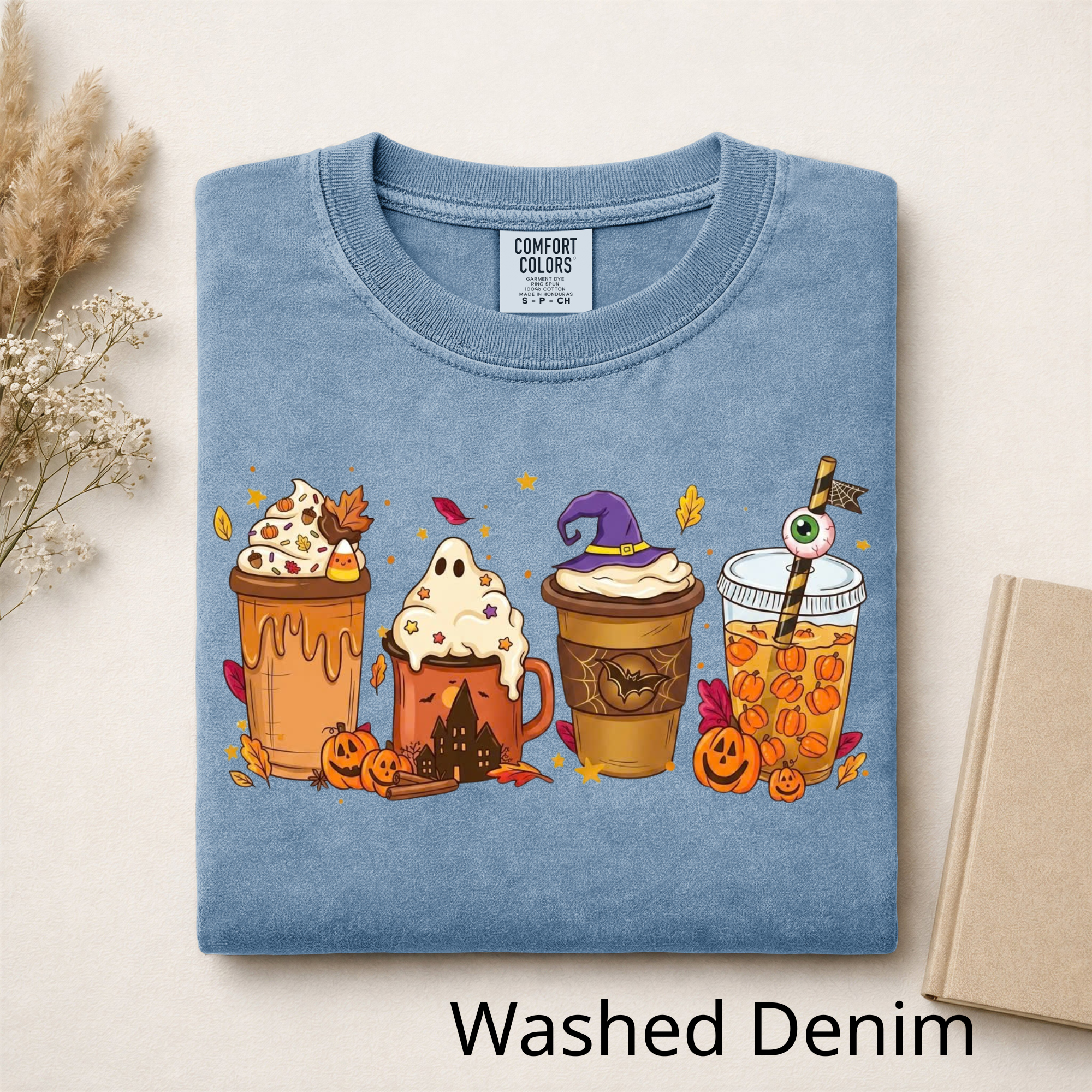 Fall Vibes Halloween Drinks Graphic Tee, Iced Coffee Ghost Shirt, Cozy Autumn Season Shirt, Funny Coffee Lover Gift