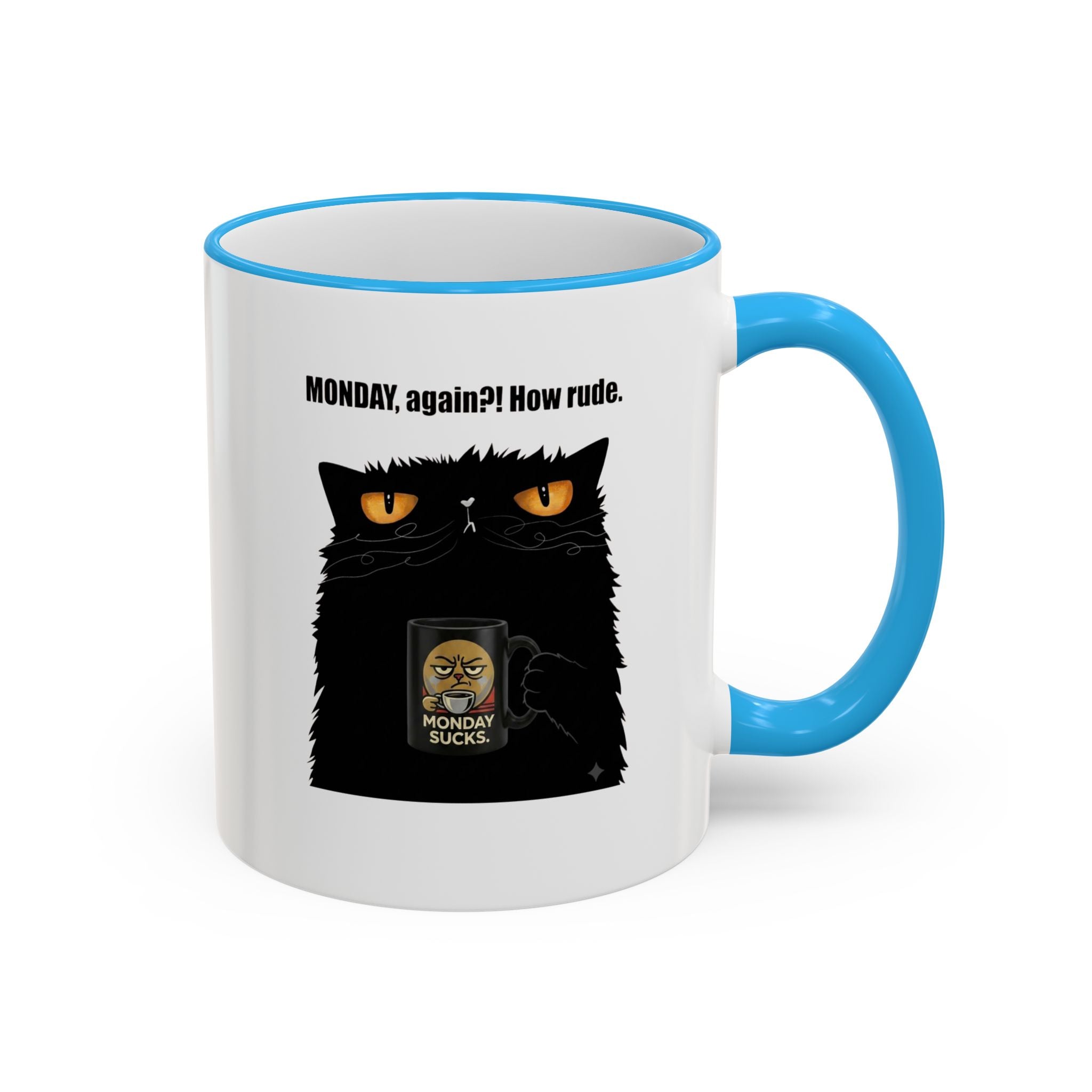 Grumpy Black Cat "Monday, Again?!" Mug, Cat Quote Coffee Cup, Sarcastic Morning Mug, Funny Cat Lover Present