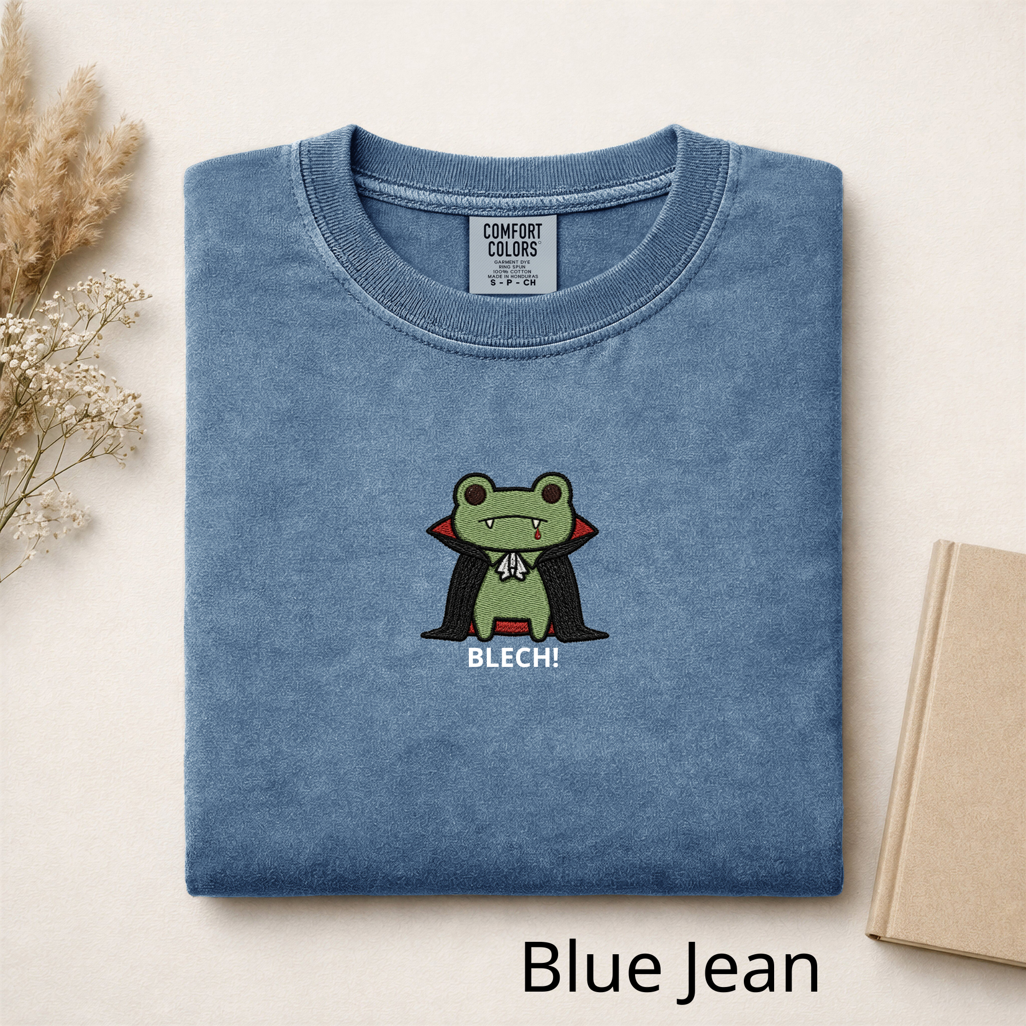 Vampire Frog Embroidered T-Shirt, Blech Cute Frog Tee, Spooky Season Aesthetic Shirt, Funny Gothic Animal Embroidery Gift