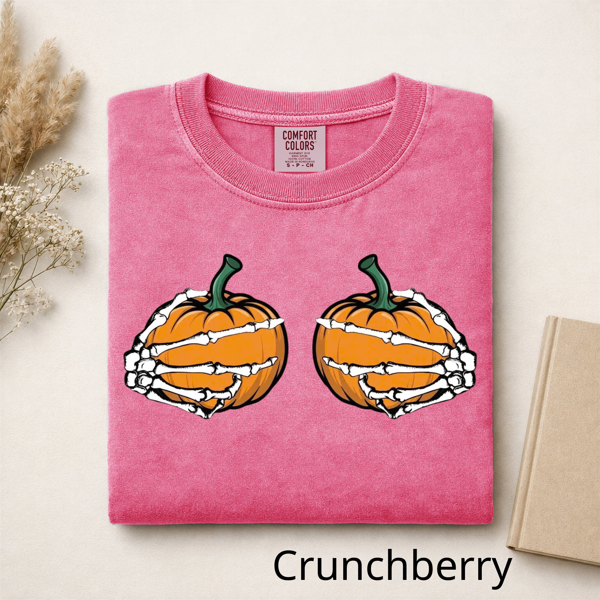 Spooky Season Pumpkin T-Shirt, Skeleton Hands Holding Pumpkins Graphic Tee, Cute Halloween Comfort Colors Shirt