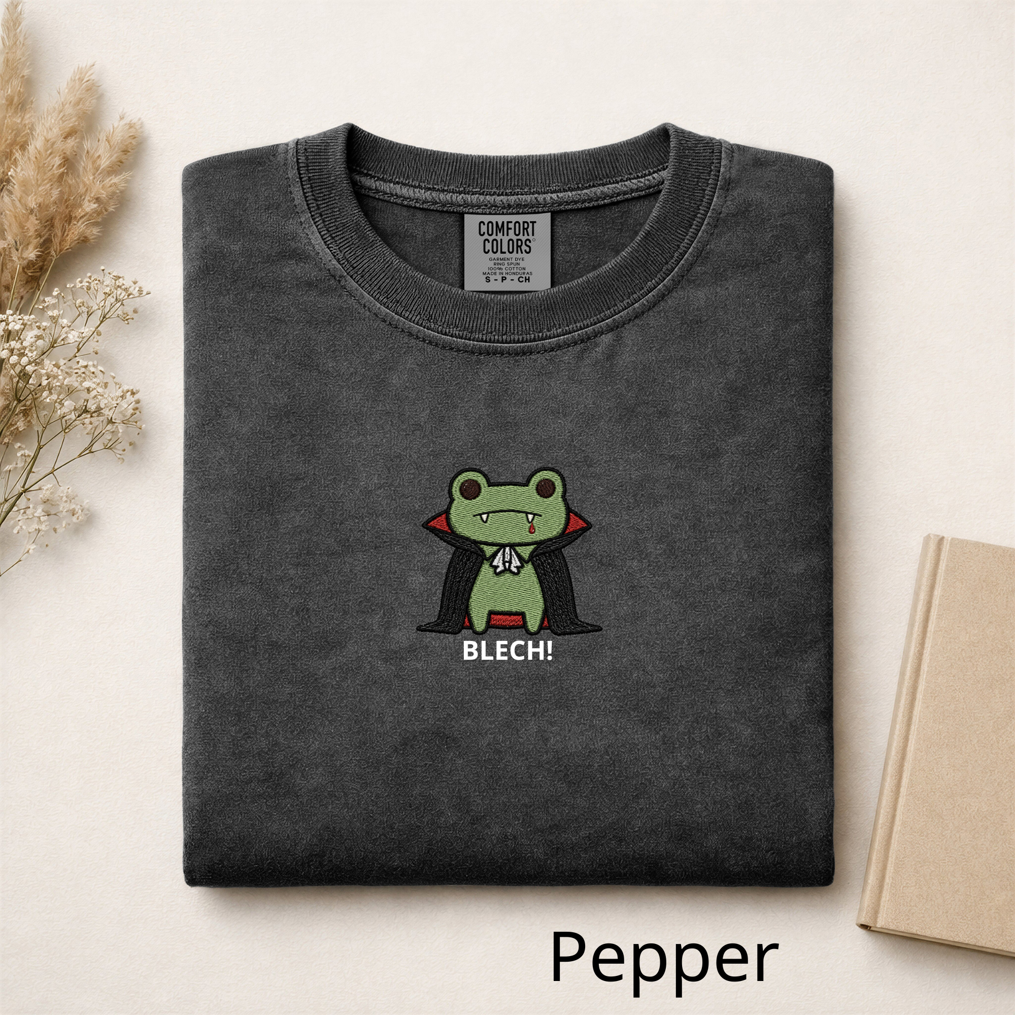 Vampire Frog Embroidered T-Shirt, Blech Cute Frog Tee, Spooky Season Aesthetic Shirt, Funny Gothic Animal Embroidery Gift