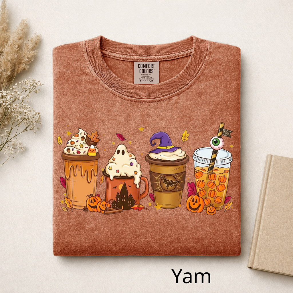 Fall Vibes Halloween Drinks Graphic Tee, Iced Coffee Ghost Shirt, Cozy Autumn Season Shirt, Funny Coffee Lover Gift