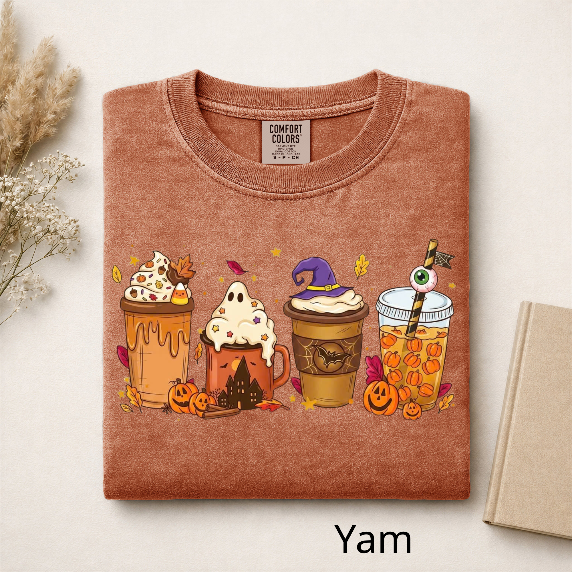 Fall Vibes Halloween Drinks Graphic Tee, Iced Coffee Ghost Shirt, Cozy Autumn Season Shirt, Funny Coffee Lover Gift